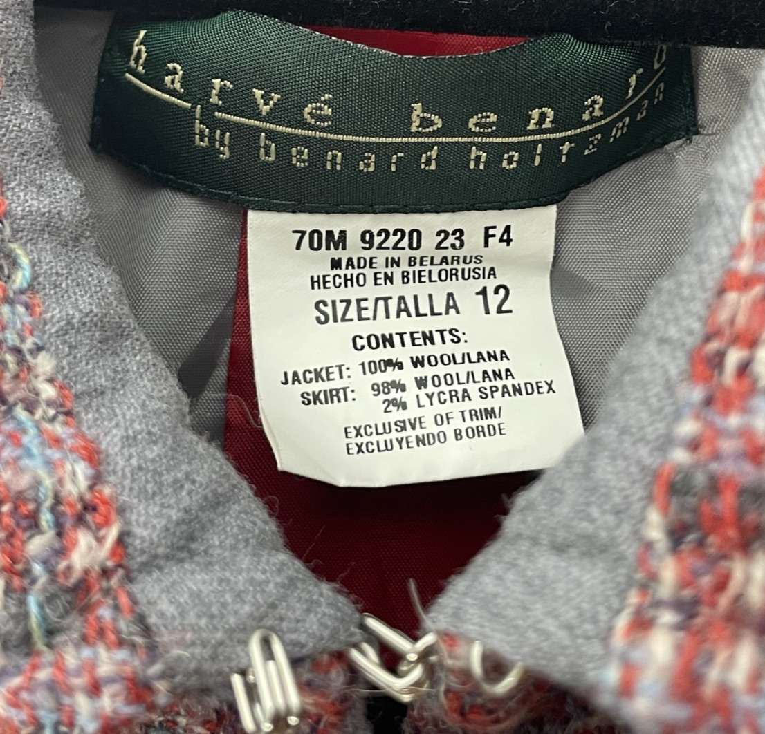 Harvé Benard Women’s 100% Wool Red Gray Plaid Long Coat Jacket Size 12