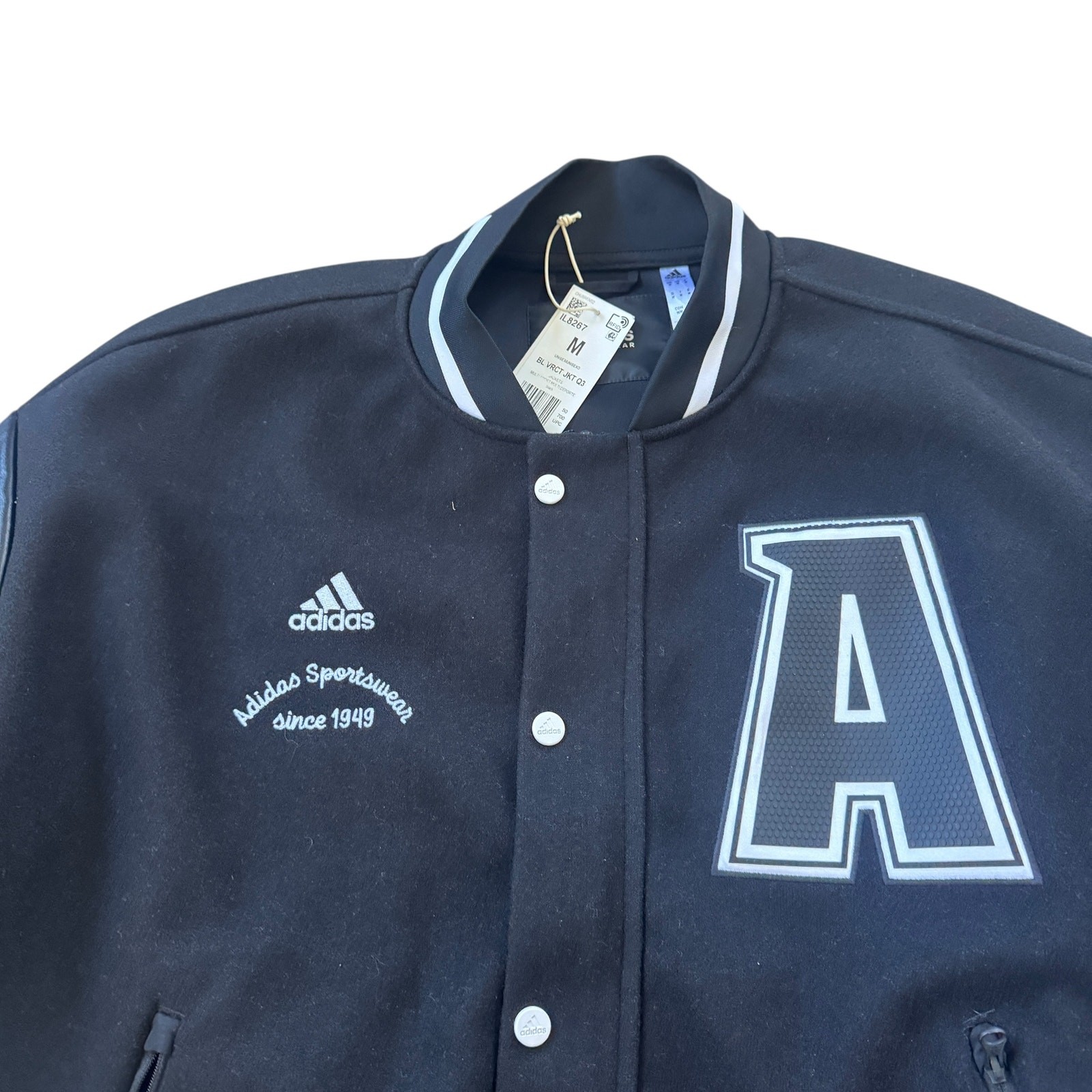 NEW Adidas Collegiate Premium Jacket Varsity Letter Jacket Black White Medium