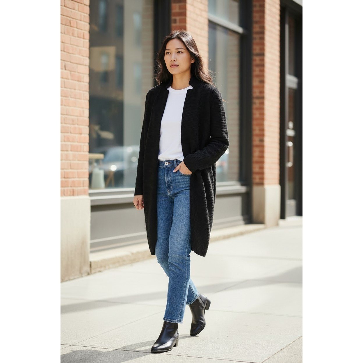 Tahari T Black Ribbed Open Front Cardigan Longline Structural Knit Jacket XS