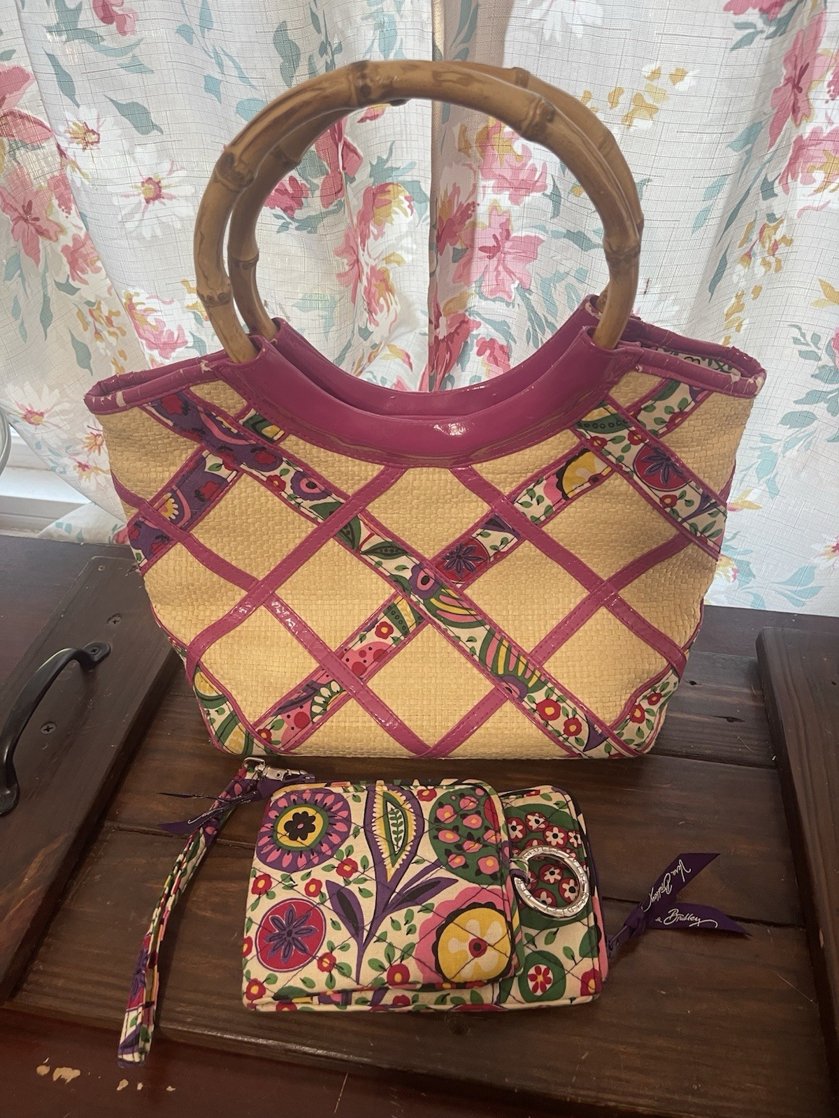 Vera Bradley Floral Bamboo Top Handle Bag Magnetic Closure + Wristlet