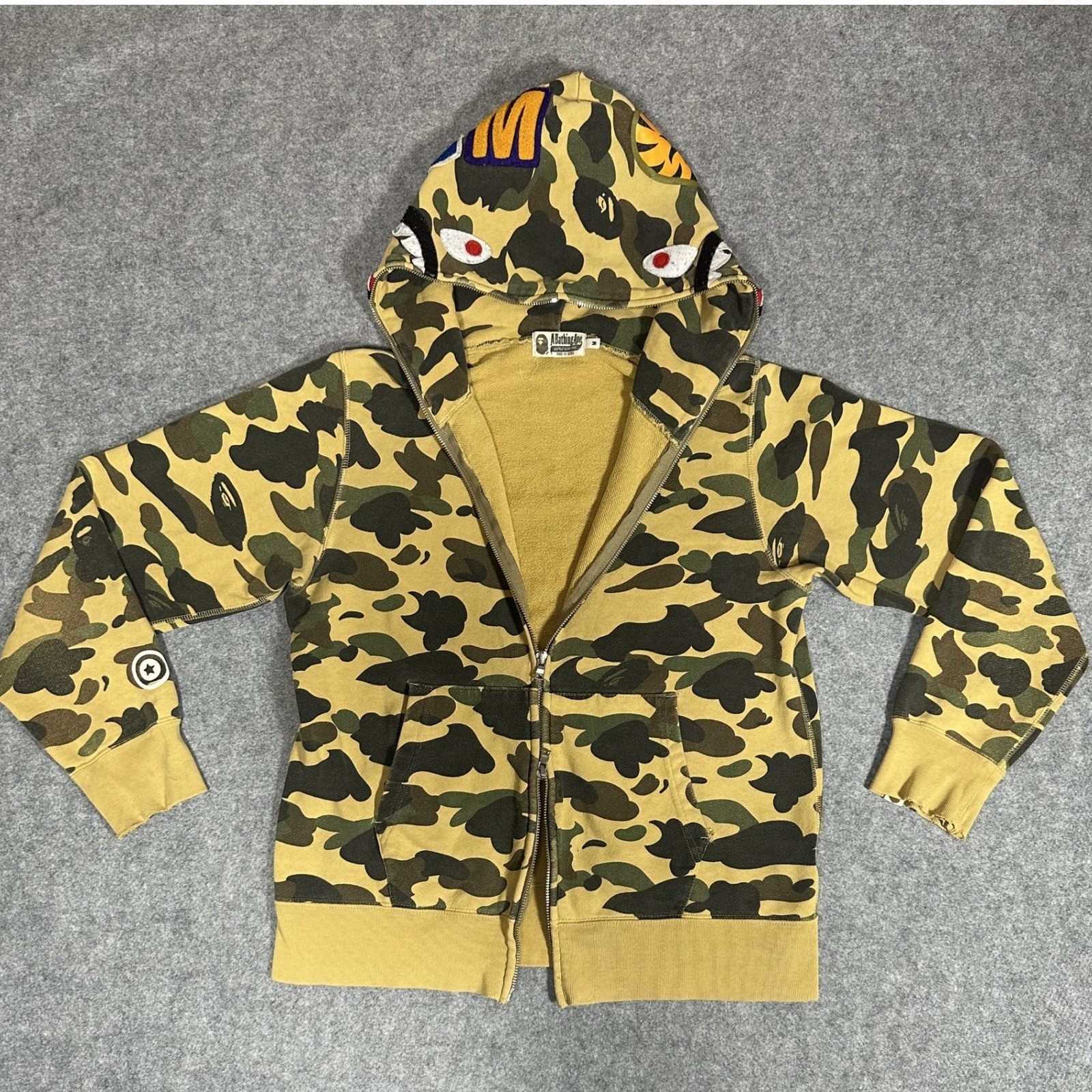 A Bathing Ape Shark Full-Zip Hoodie Medium Yellow Camo Cotton Frayed Hem