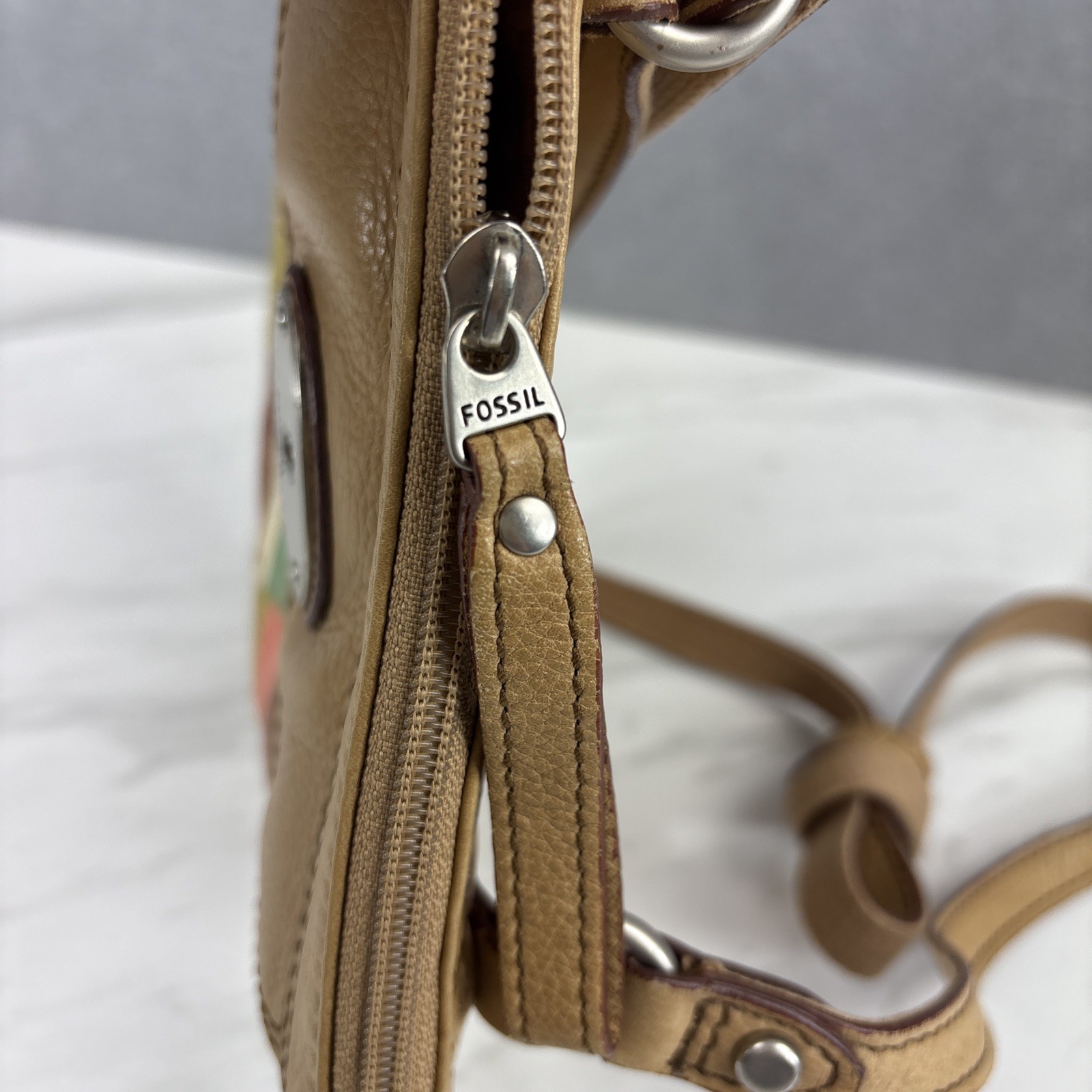 Fossil Maddox Patchwork Colorblock Lt Tan Leather Adj Strap Y2K Crossbody Purse