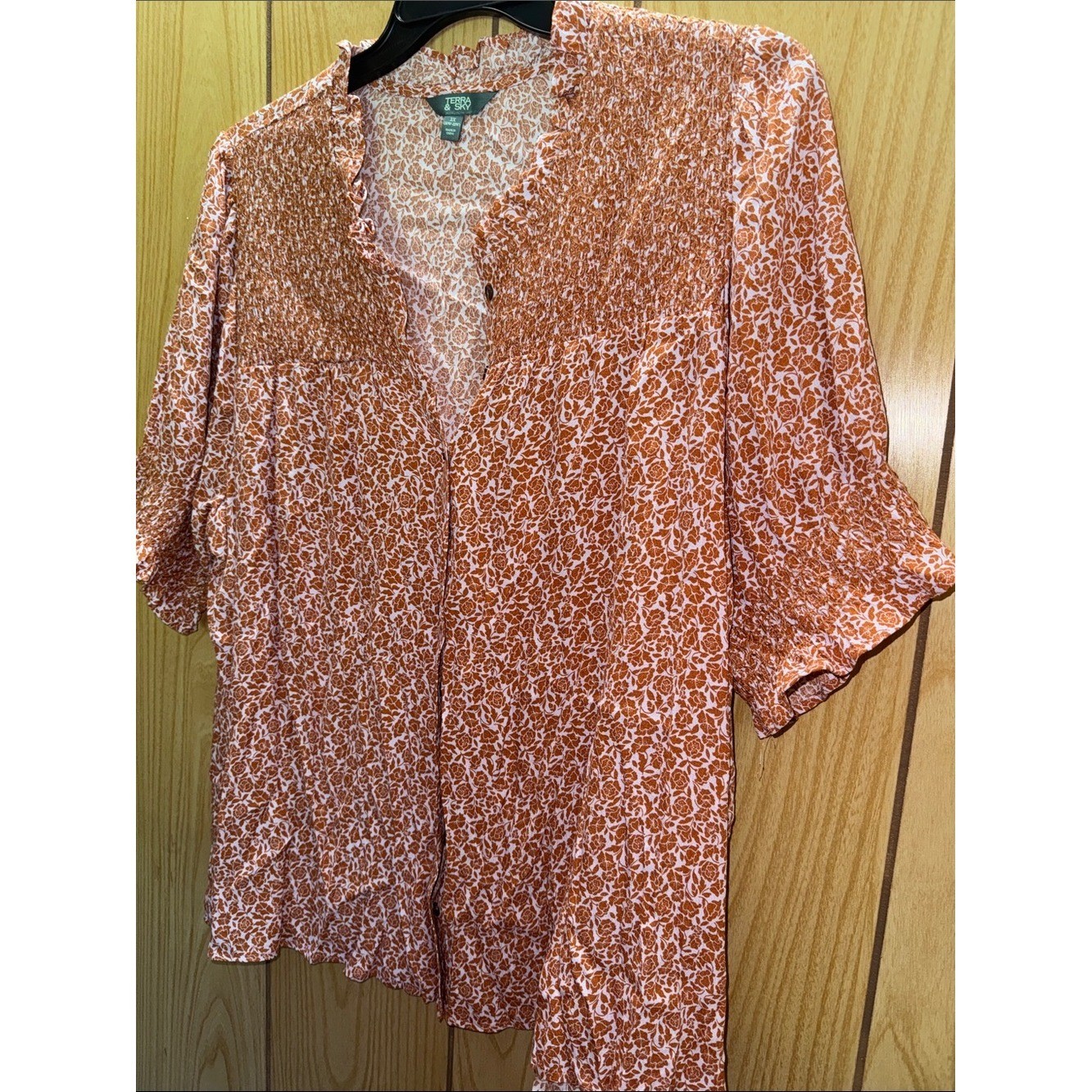 Terra & Sky Rust Floral Smocked Yoke Top