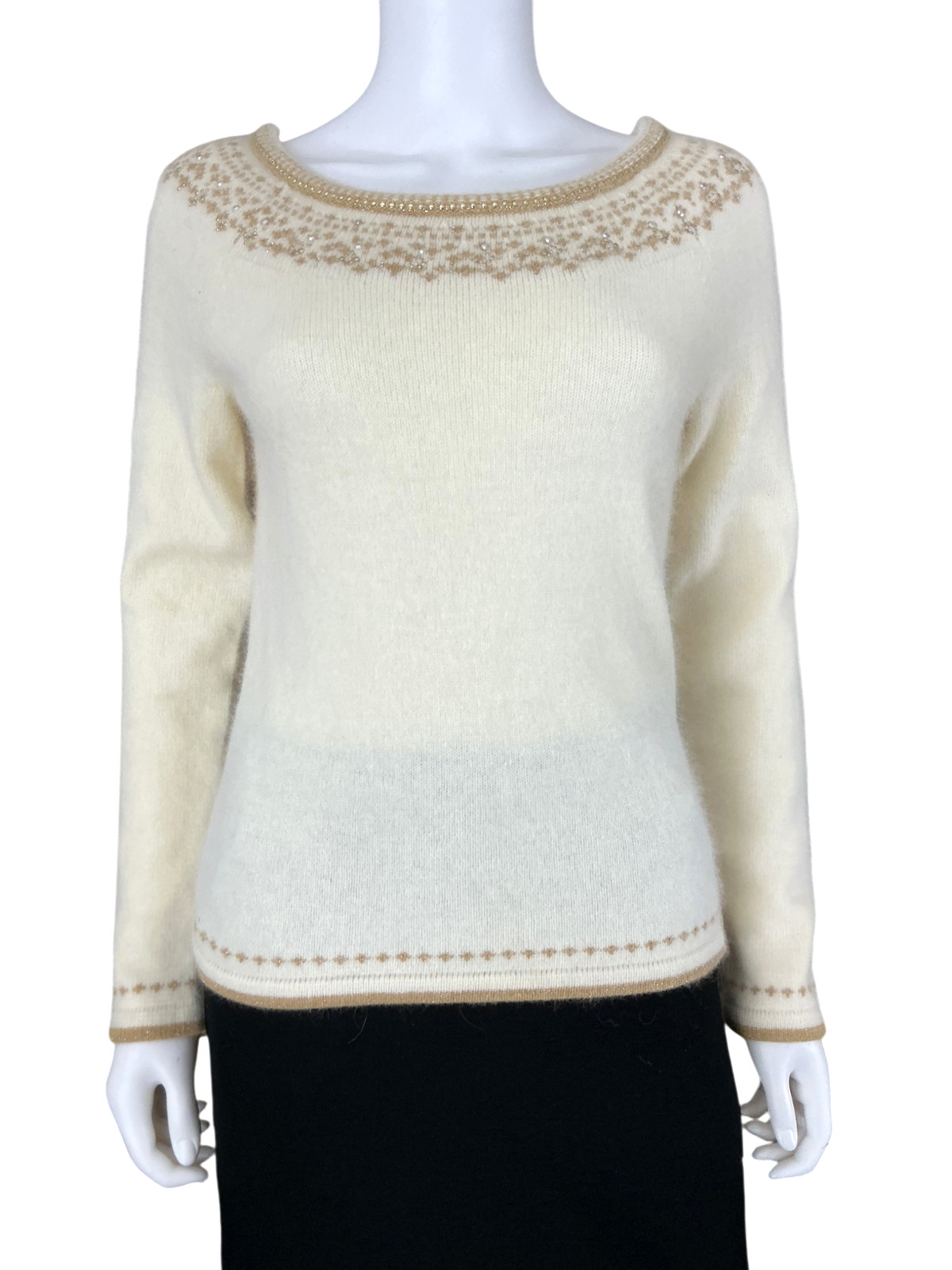 Apt. 9 Women’s Angora Fair Isle Sweater M Cream Beaded Rhinestones Boat Neck NWT