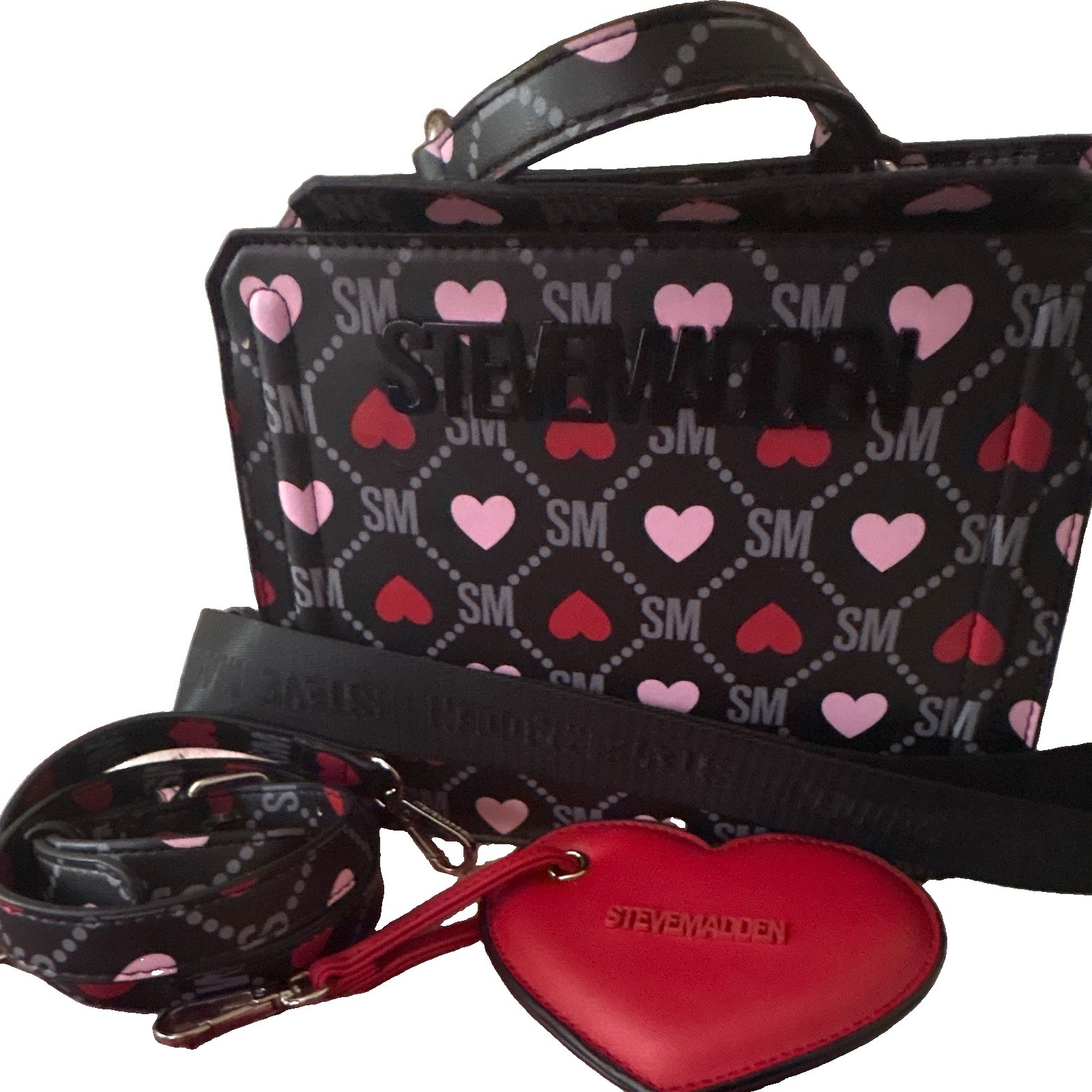 Steve Madden Heart Monogram Satchel Top Handle Zip Bag w/ Detachable Strap Charm