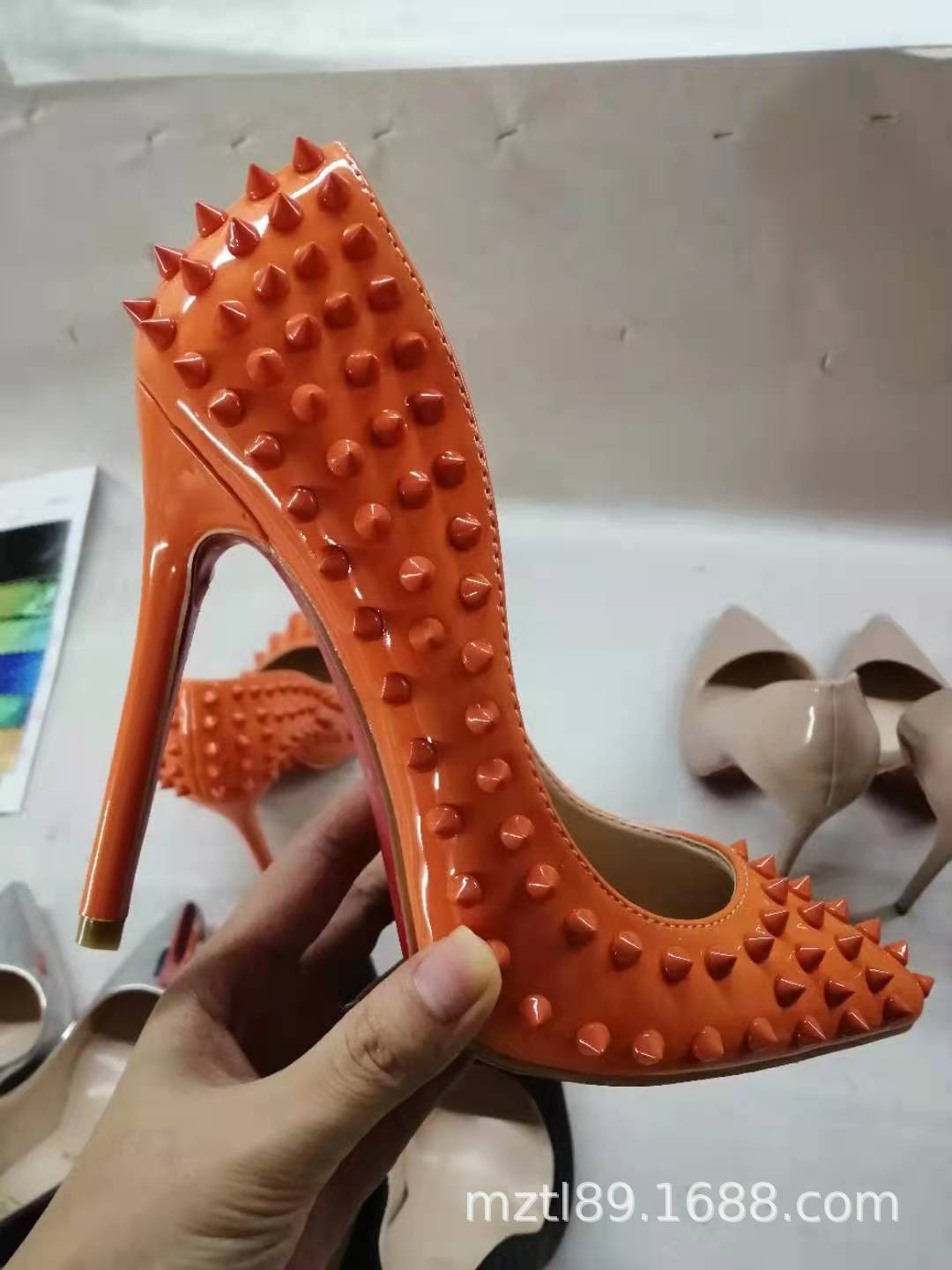 12cm High Stiletto Heel Rivets Womens Pointed Toe Patent Leather Pumps Runway Sz