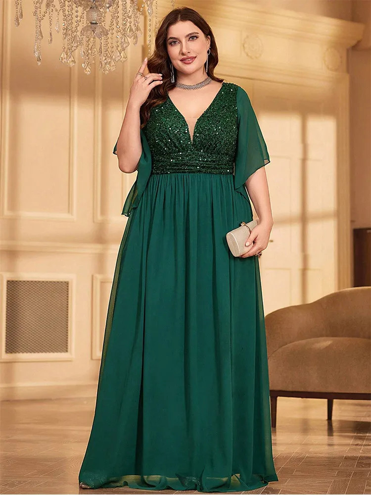 Luxury Plus Size Chiffon V-Neck Sequined Evening Dresses Big Size Floor-Length