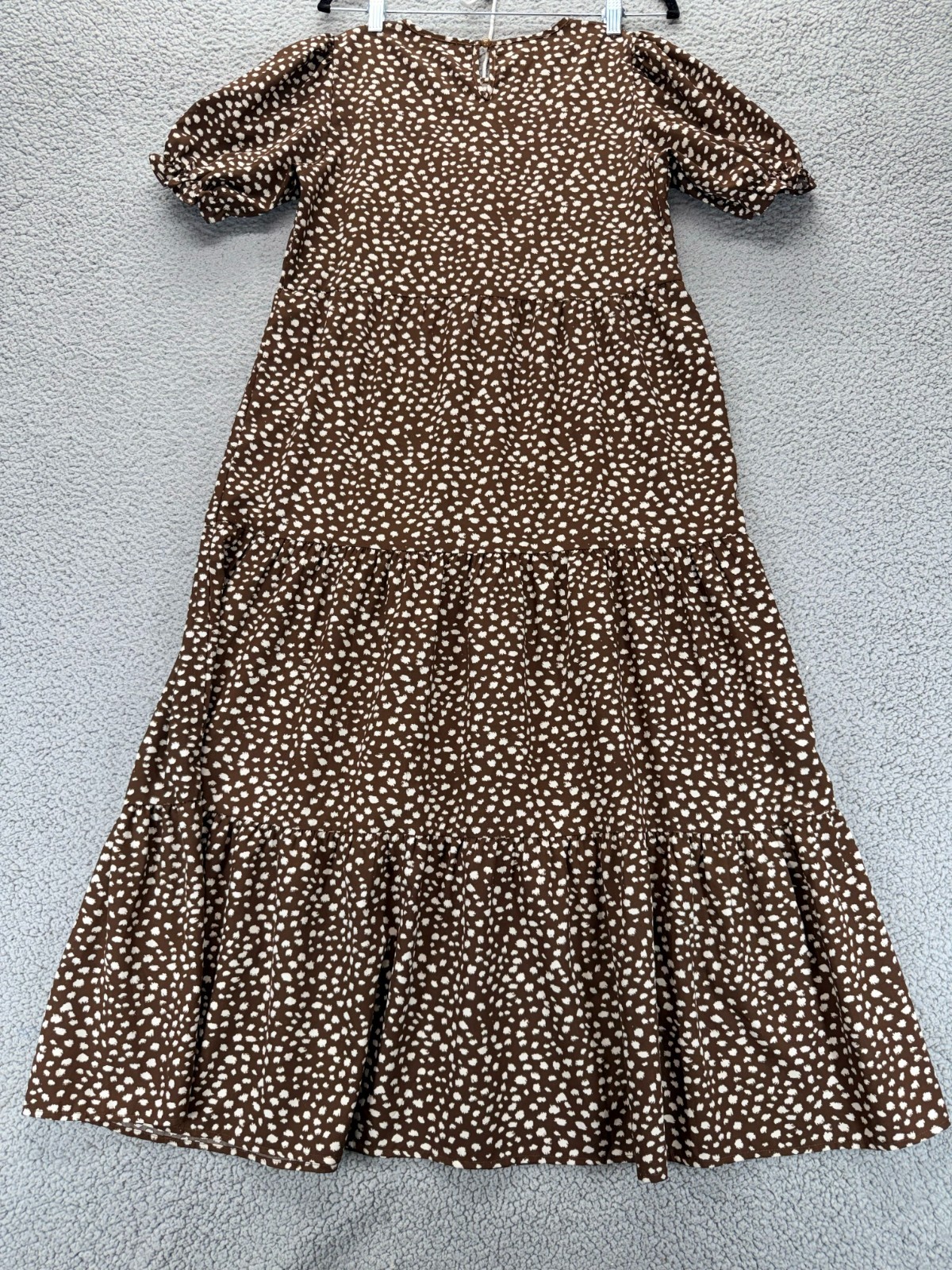 PrettyGarden Brown White Size S Tiered Boho Chic Puff Sleeve Knee Length Dress