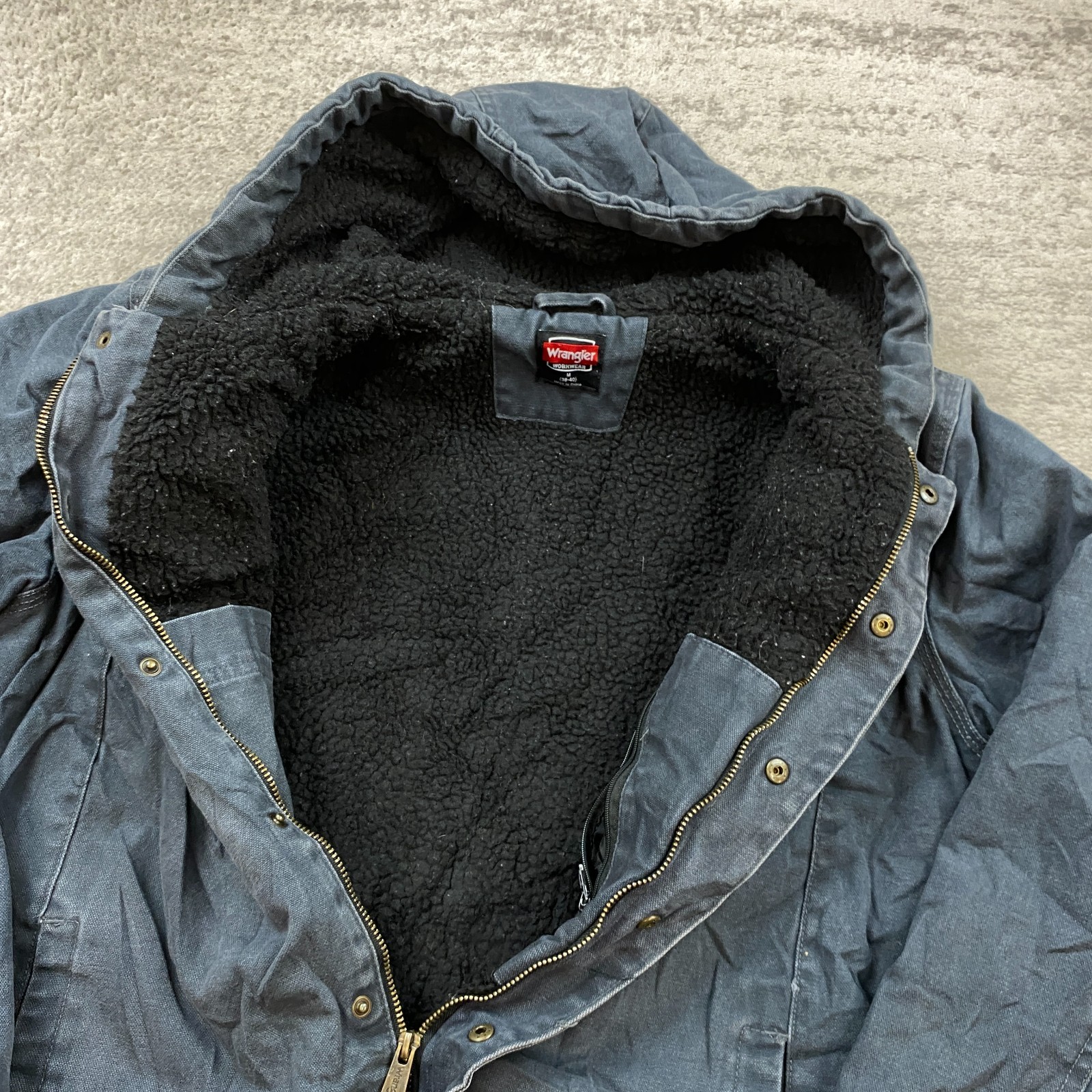 VTG Wrangler Canvas Lined Hoodie Jacket Medium Blue Quilted Full Zip Y2K Alt Men