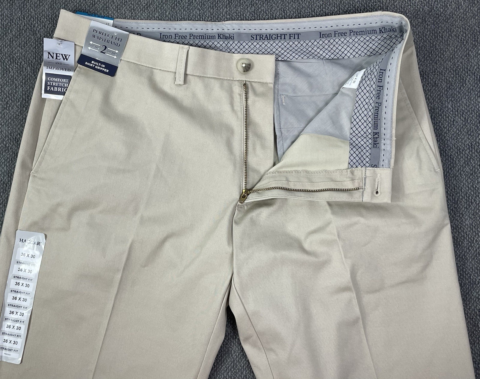 Haggar Men’s Straight Fit Iron Free Premium Khakis SAND 36×30 True To Size NWT