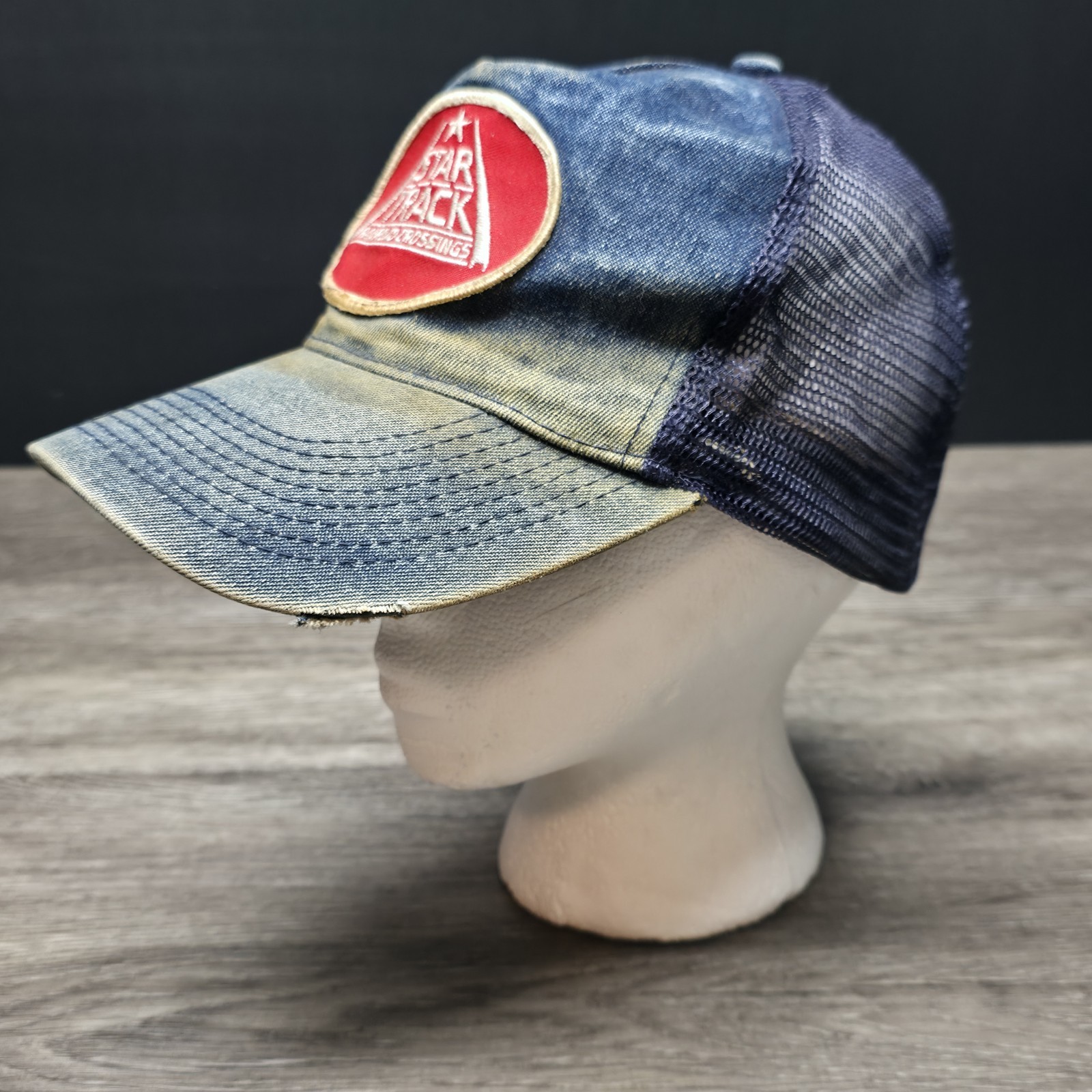 Vintage Star Track Train Railroad Crossing Denim Hat – Right Of His Head