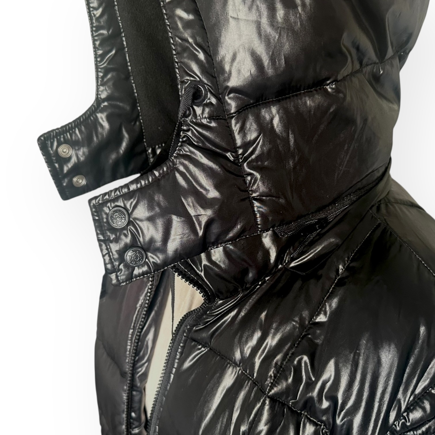 ’94 Vintage OLD NAVY Quilted Puffer Jacket Gloss Removable Hood Coat Black XL