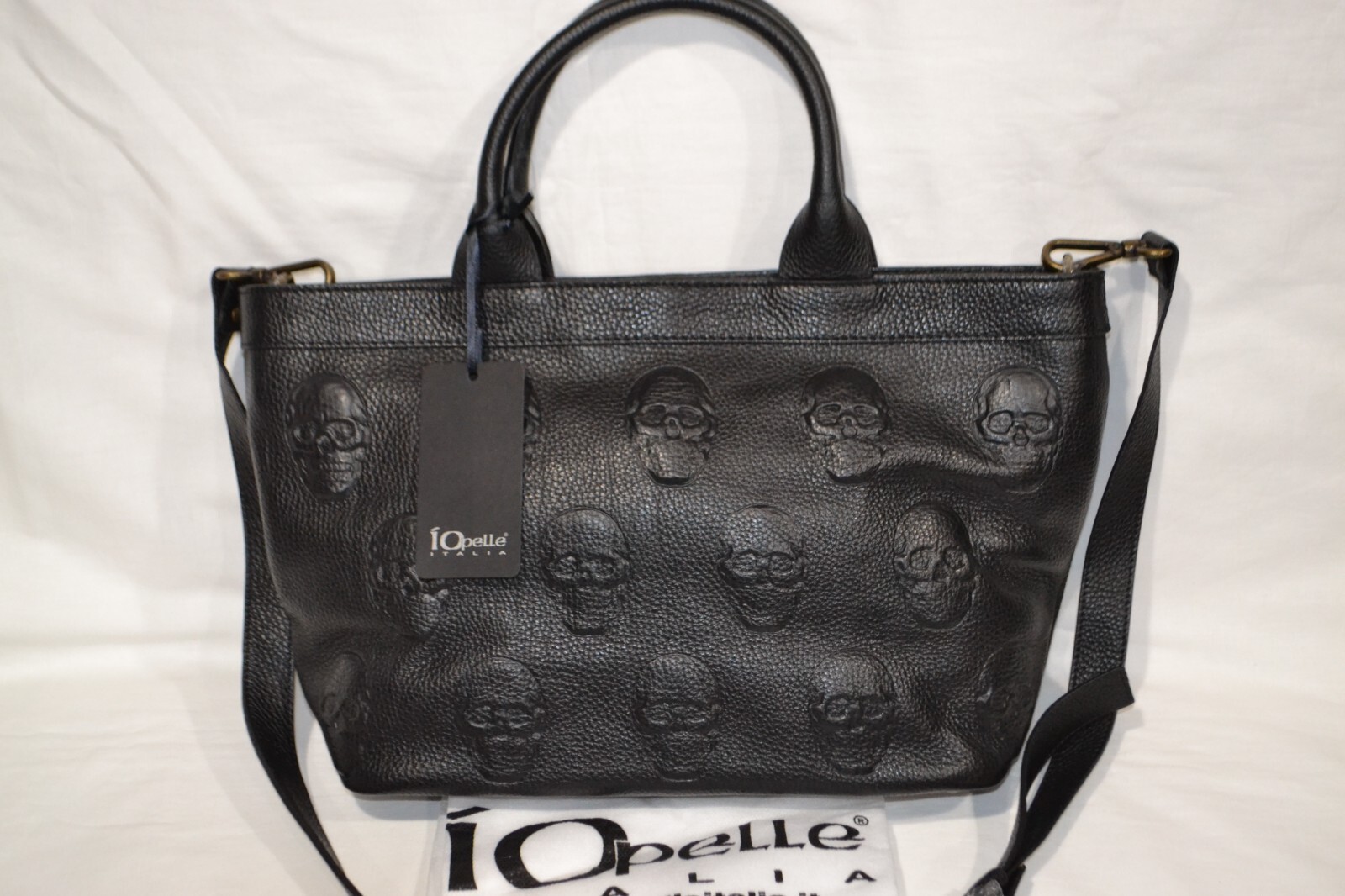 NWT IO Pelle Italia Skull Black Crossbody Bag Leather Made in Italy