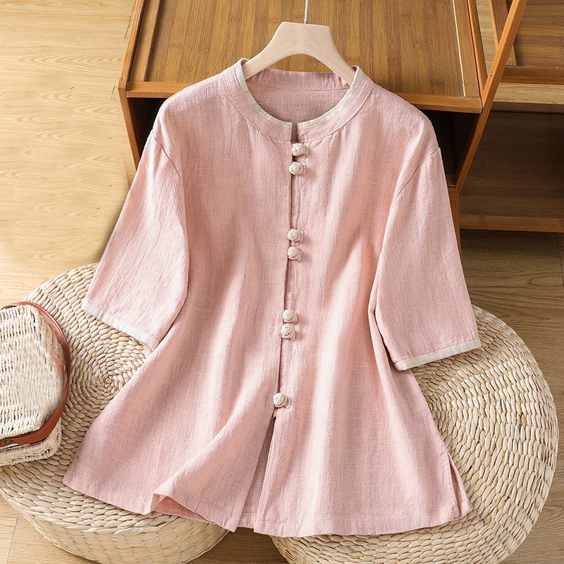 New Summer Chinese Style Womens Casual Short Sleeve Loose Shirts Tops Blouse