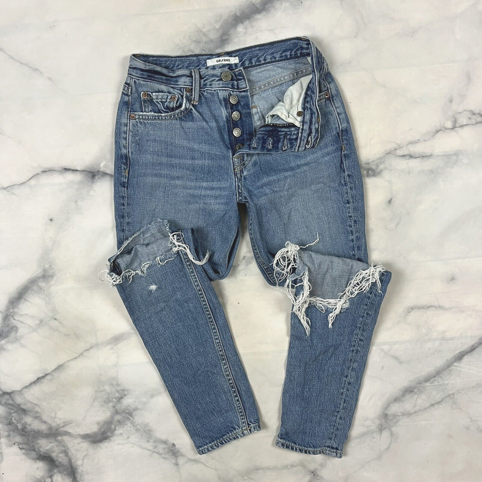 GRLFRND Karolina Skinny Jeans Size 24 Waist Button Fly Distressed Bay Blues