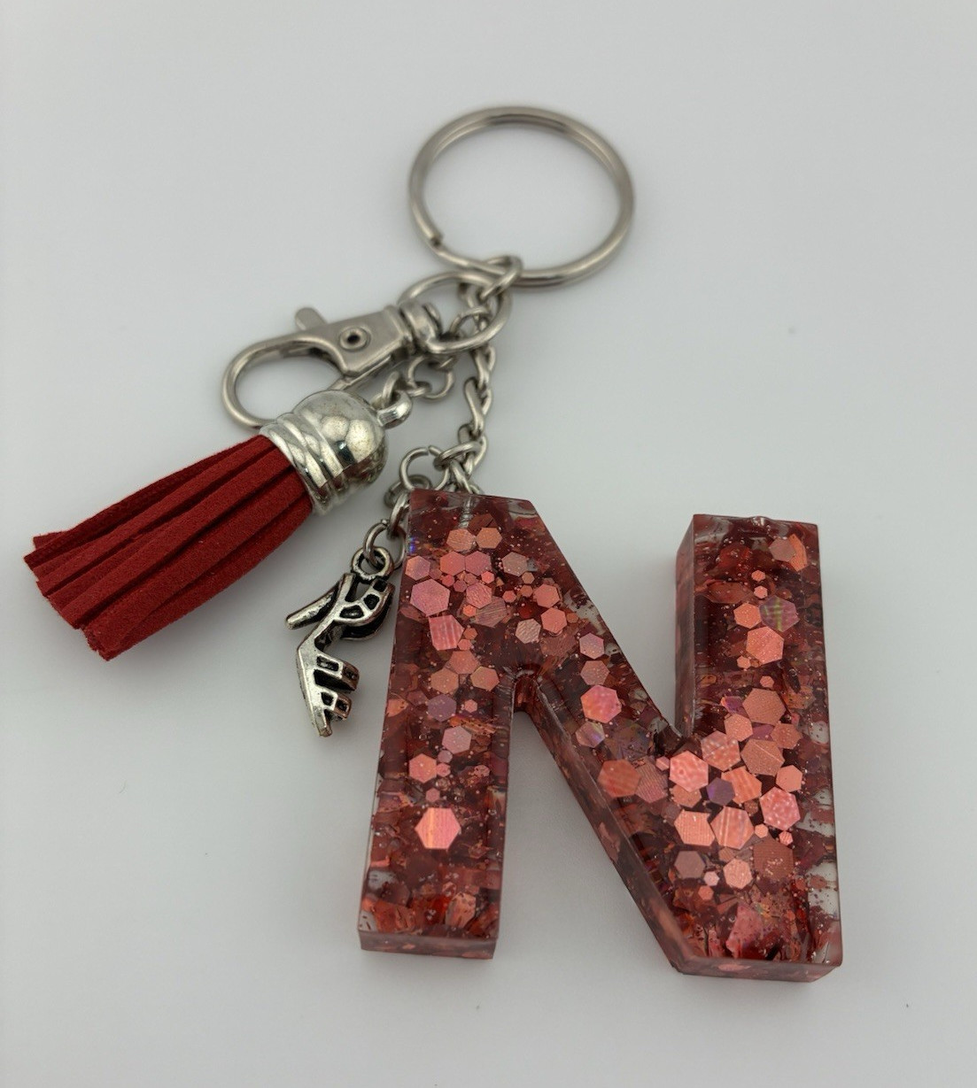 Handmade Epoxy Resin Letter N Keychain Red Glitter Tassel Shoe Charm New