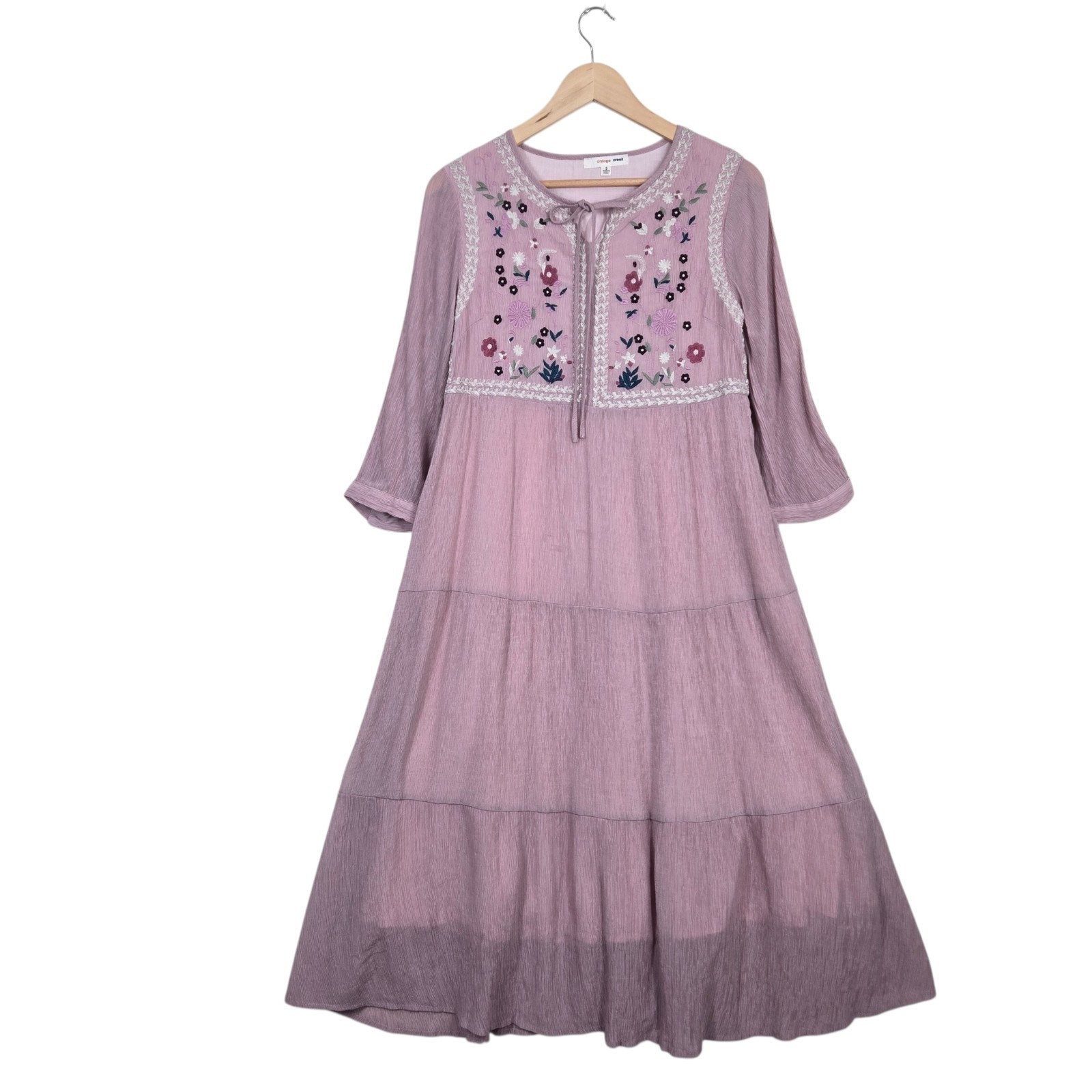 Orange Creek Embroidered Midi Dress XS/S Pink Boho Cottage Romantic Feminine