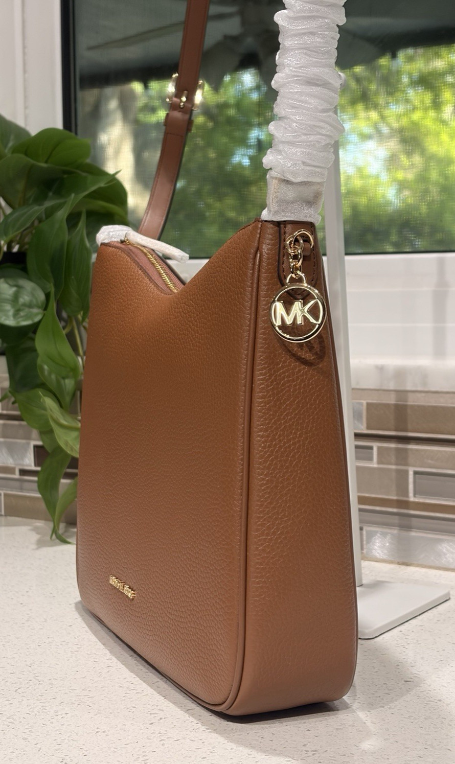 MICHAEL KORS NAYLA MEDIUM ZIP MESSENGER CROSSBODY BAG TOTE PURSE MK BROWN GOLD