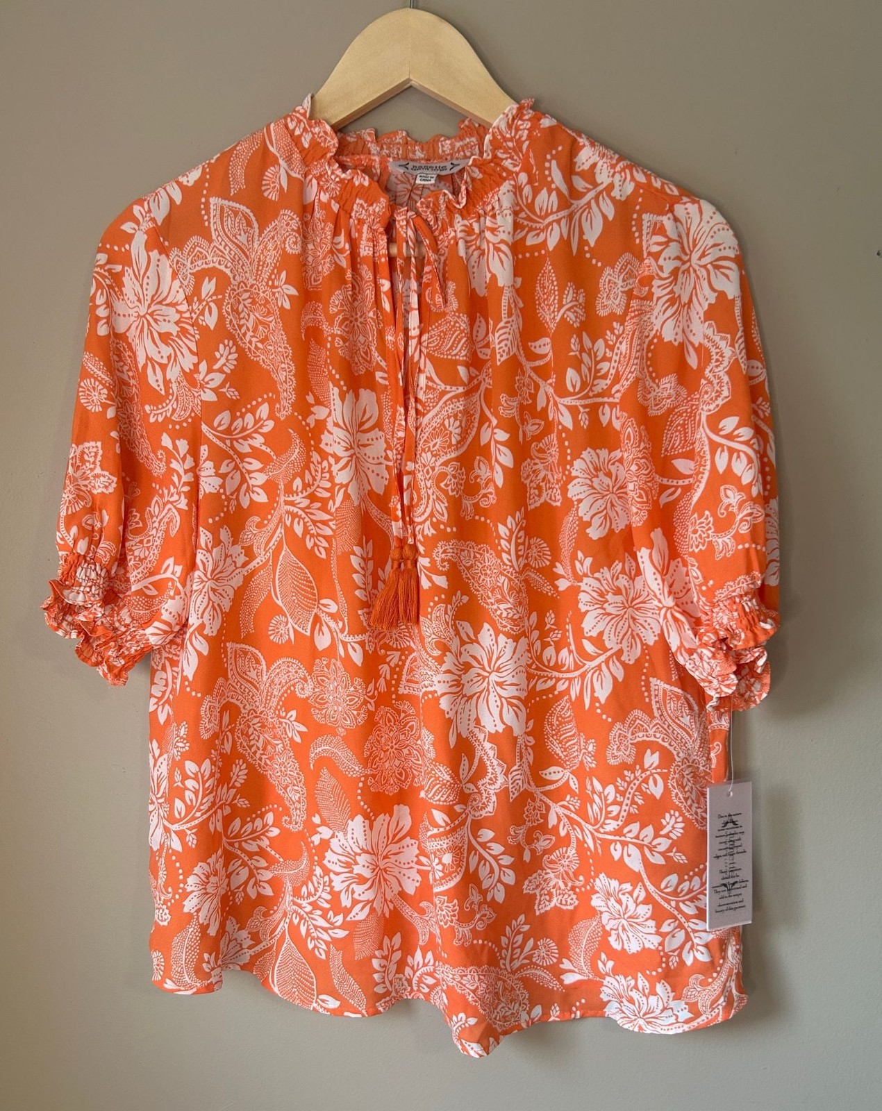 Nanette Nanette Lepore Vivid Coral Paisley Floral Print Short Sleeve Blouse