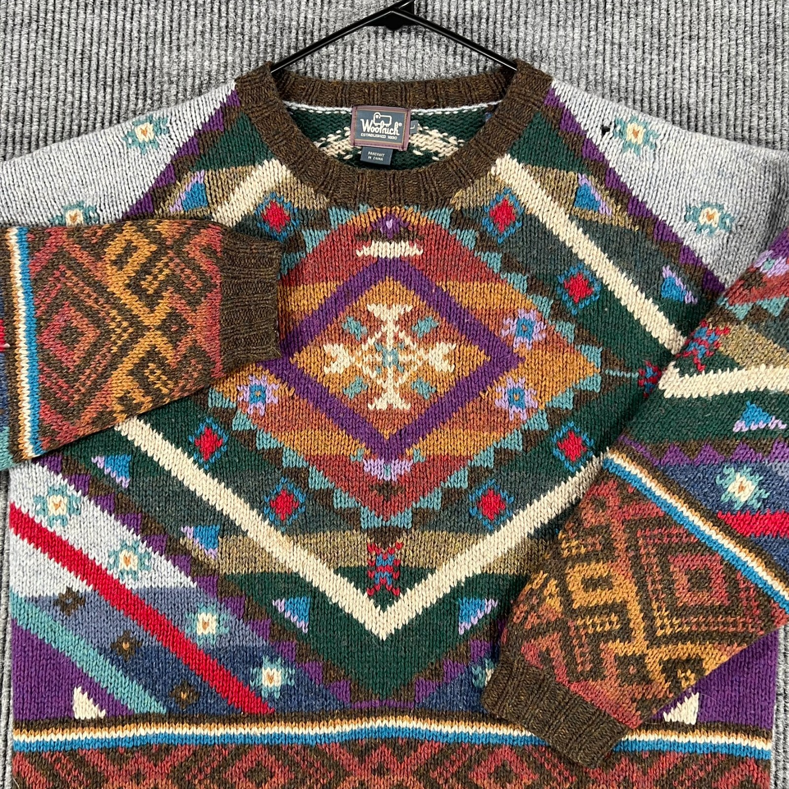 Woolrich Sweater Mens Large Geometric Long Sleeve Crew Handknit Casual Vintage