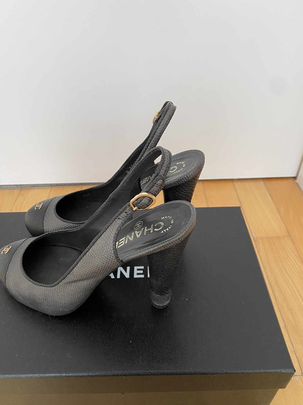Chanel slingbacks 39.5. Black and Grey, Platform, Heel 12cm