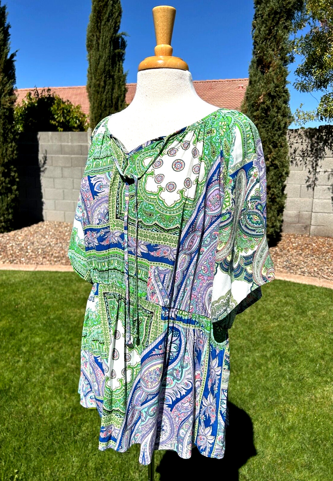Karen Kane Ruffle Hem Peasant Tunic Top Plus Size 2X Going Green Print $149 NWT