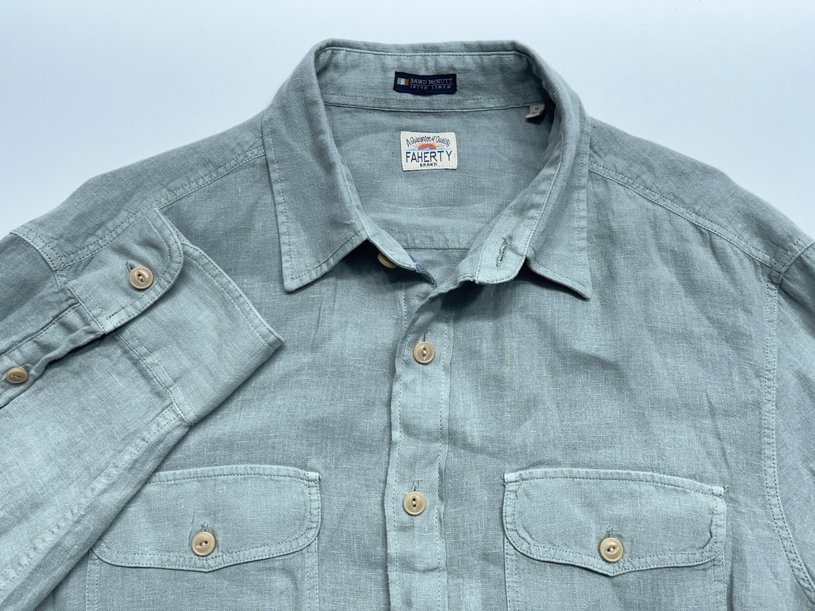 FAHERTY Baird McNutt Shirt Mens Medium Sage Green Linen Long Sleeve Button. READ