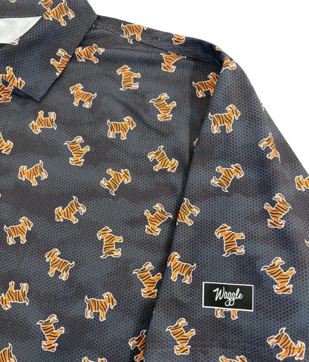 Waggle Golf “The GOAT” AOP Tiger Print Black Performance Polo – Men’s XL *READ*