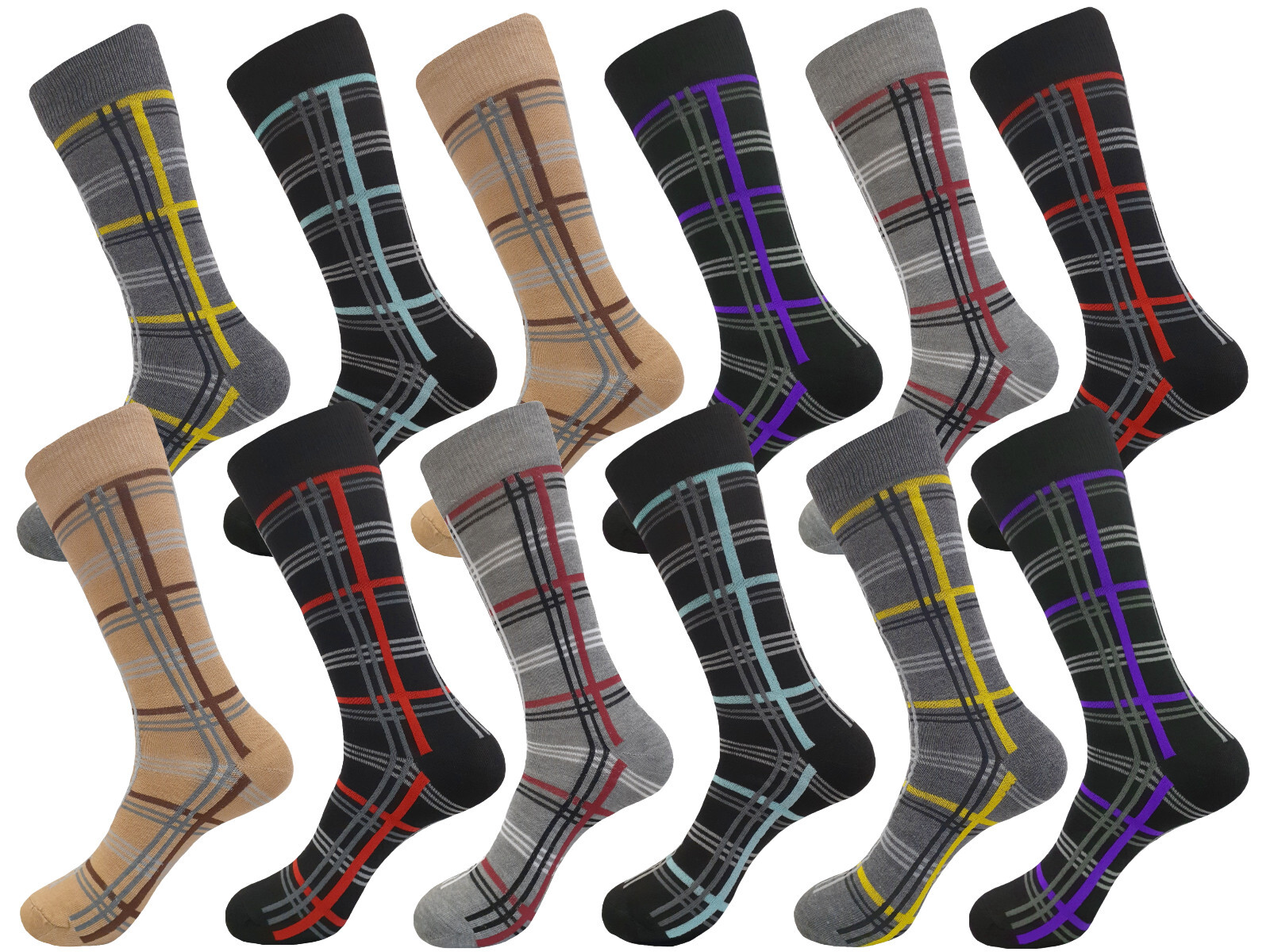 12 Pair Dress Socks PLAID Stripes COTTON SOCKS TRUE TO SIZE 10-13 FIRST QUALITY