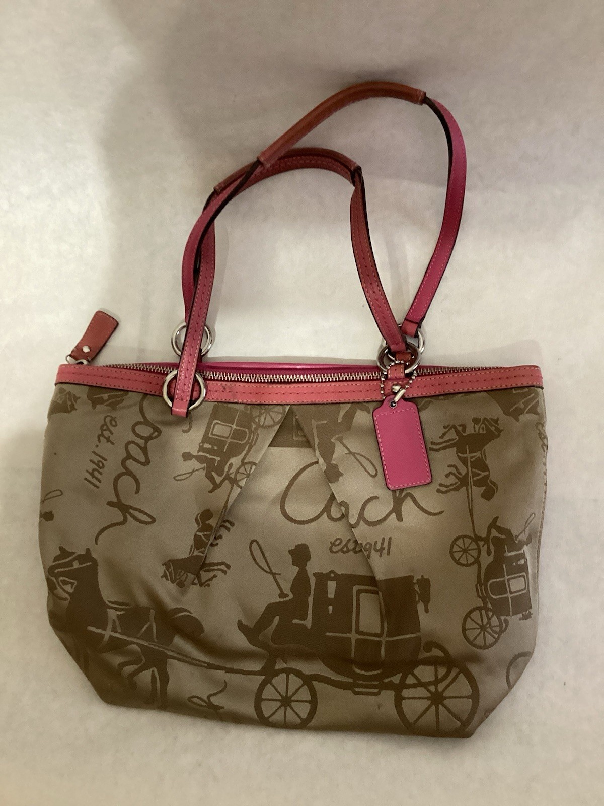 Coach Horse & Carriage Script Sateen Tote Bag Champagne/Pink Trim F14482 As-Is