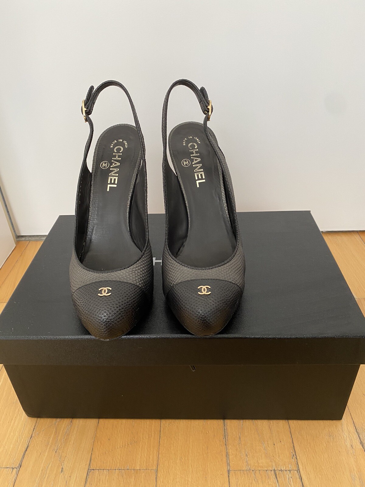 Chanel slingbacks 39.5. Black and Grey, Platform, Heel 12cm