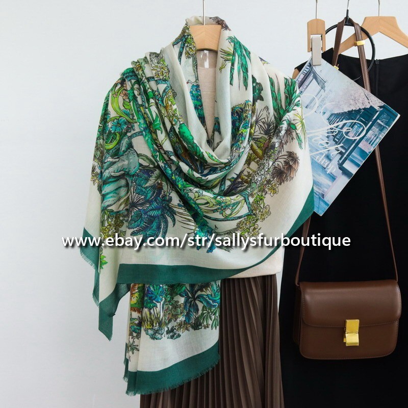 Sallys 200s Cashmere Thin Scarf Wrap Shawl Star Jungle Print Delicate 78″*39″
