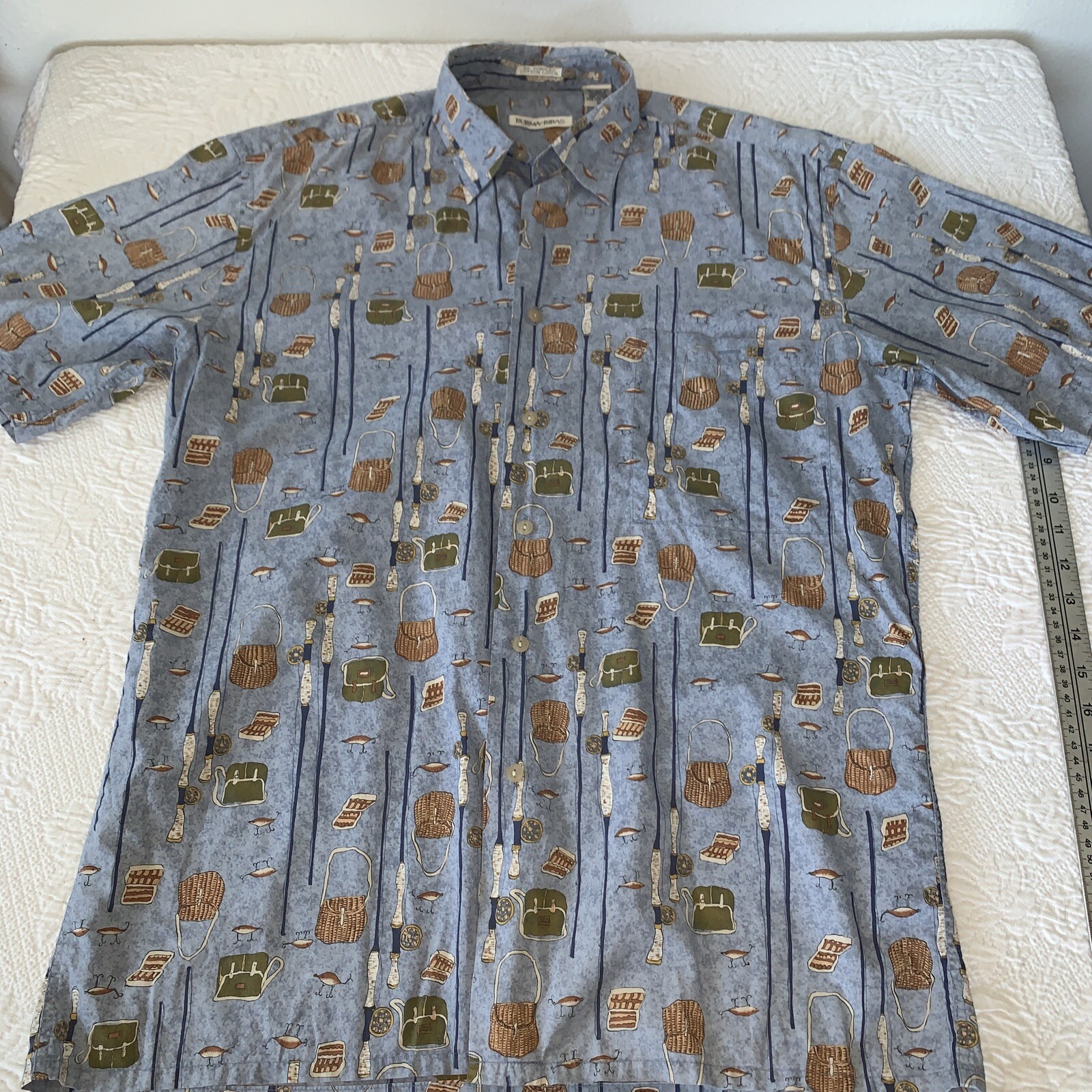 Burma Bibas Camp Shirt Mens M Blue 60 Singles Cotton Lawn Vintage Fishing
