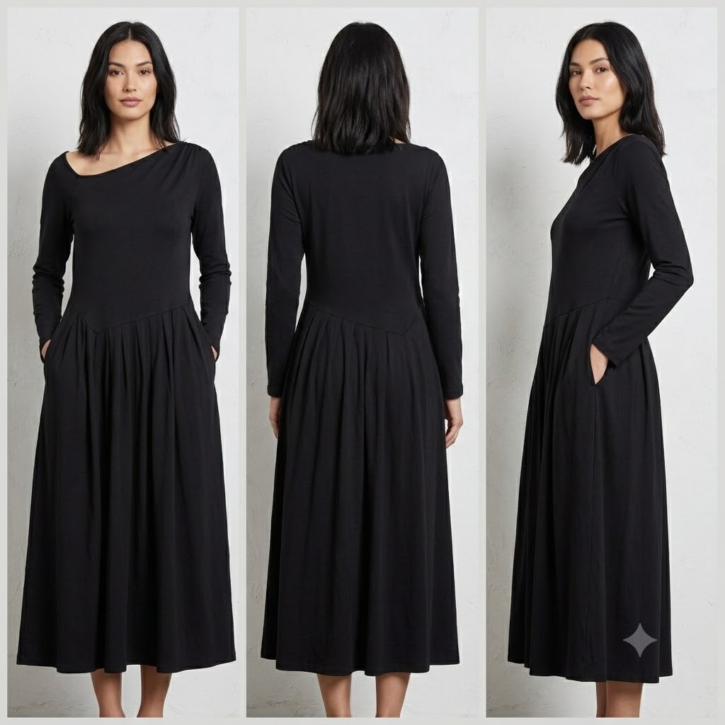 Merokeety A-Line Dress Womens L Black Long Sleeve Classic Midi Pleated NWT