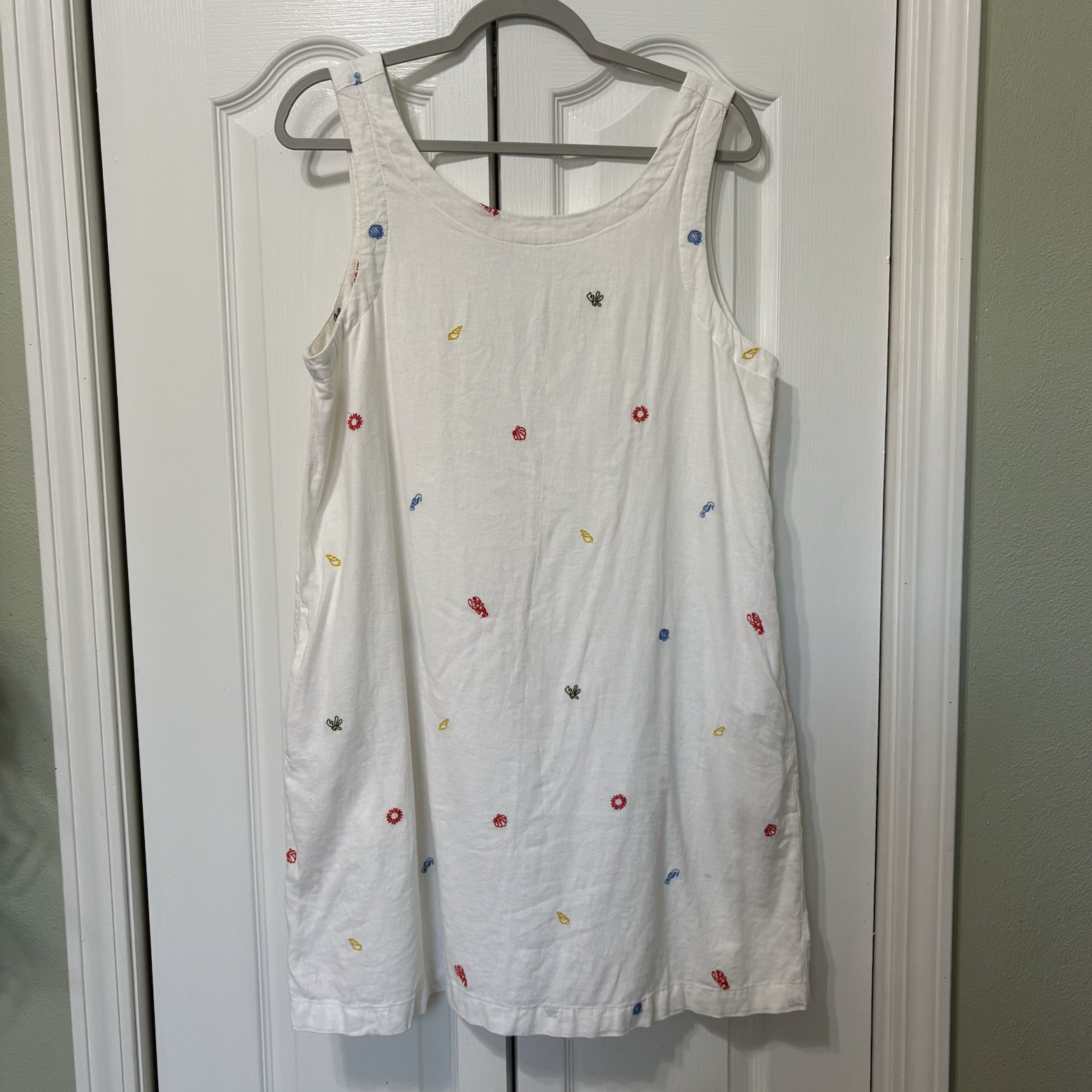C&C California White Nautical Embroidered Shift Dress Sleeveless Linen Blend L