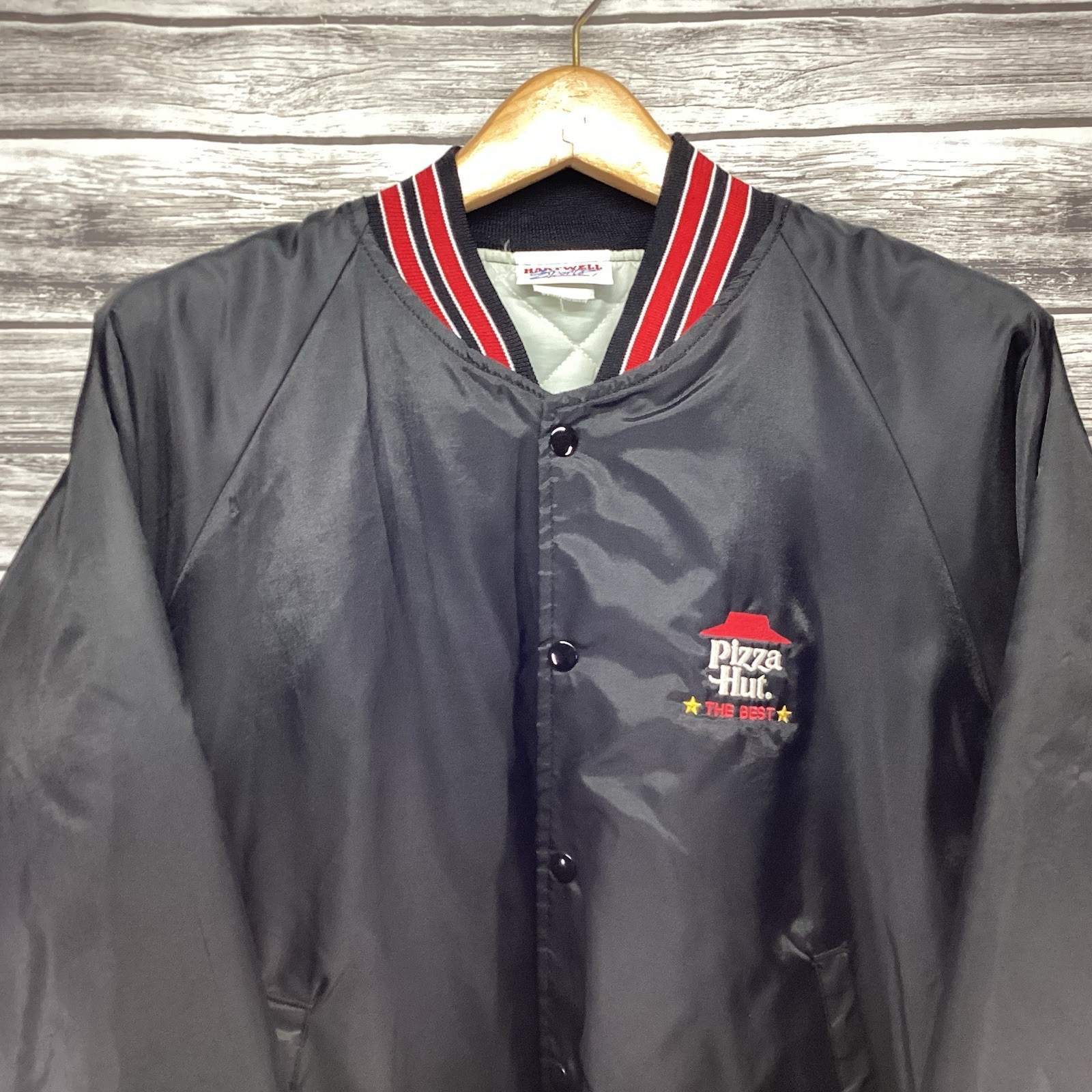 Vintage Pizza Hut Jacket Mens XL Black Satin Bomber Embroidered Employee Issued