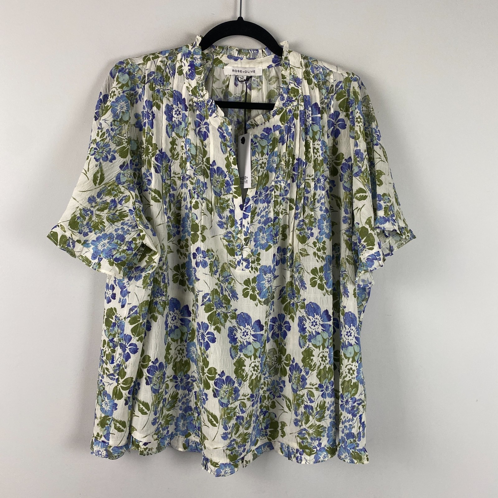 Rose + Olive Pintuck Popover Blouse Size 1X Multicolor Floral Boho Short Sleeve