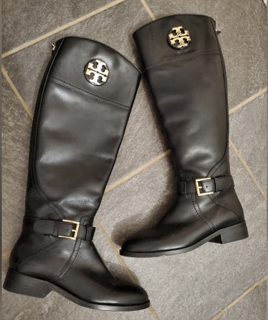Tory Burch Black Leather Knee High Riding Boots Logo Buckle Zipper Side Zip