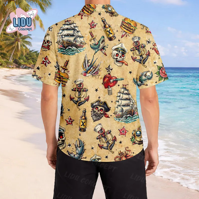 Nautical Pirate Tattoo Hawaiian Shirt