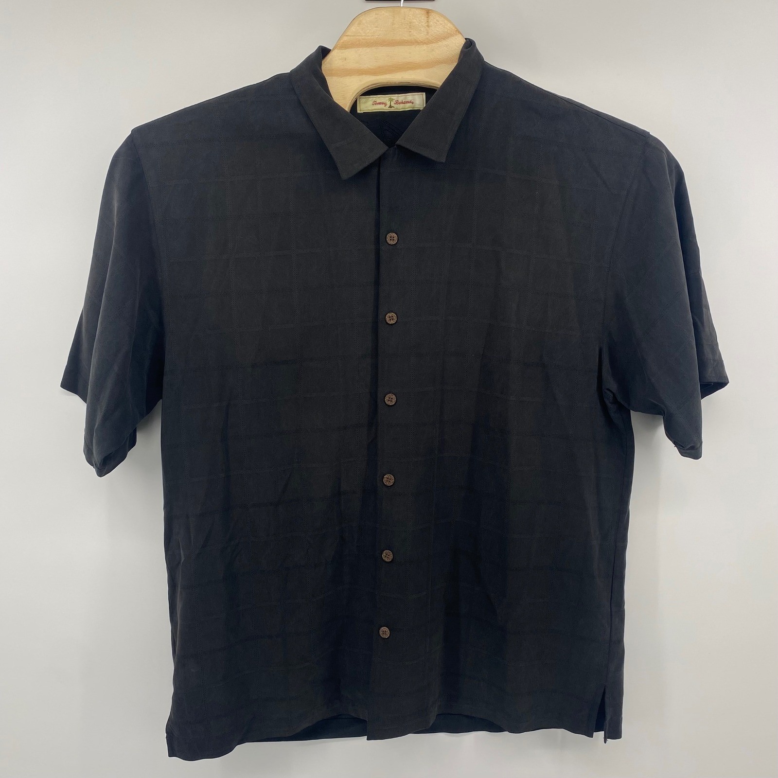 Tommy Bahama Button Down Mens XL Black Silk Checkered Jacquard Camp Shirt