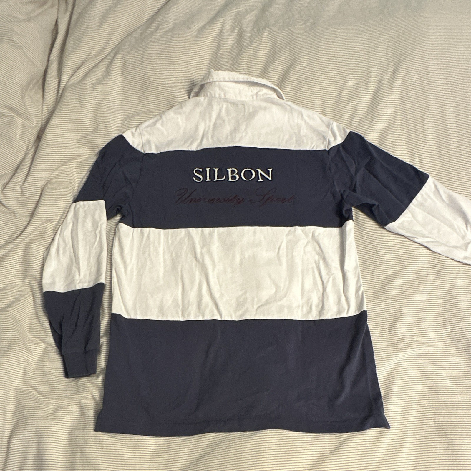 Silbon University Sport Men’s Striped Long Sleeve Polo Blue White Size L