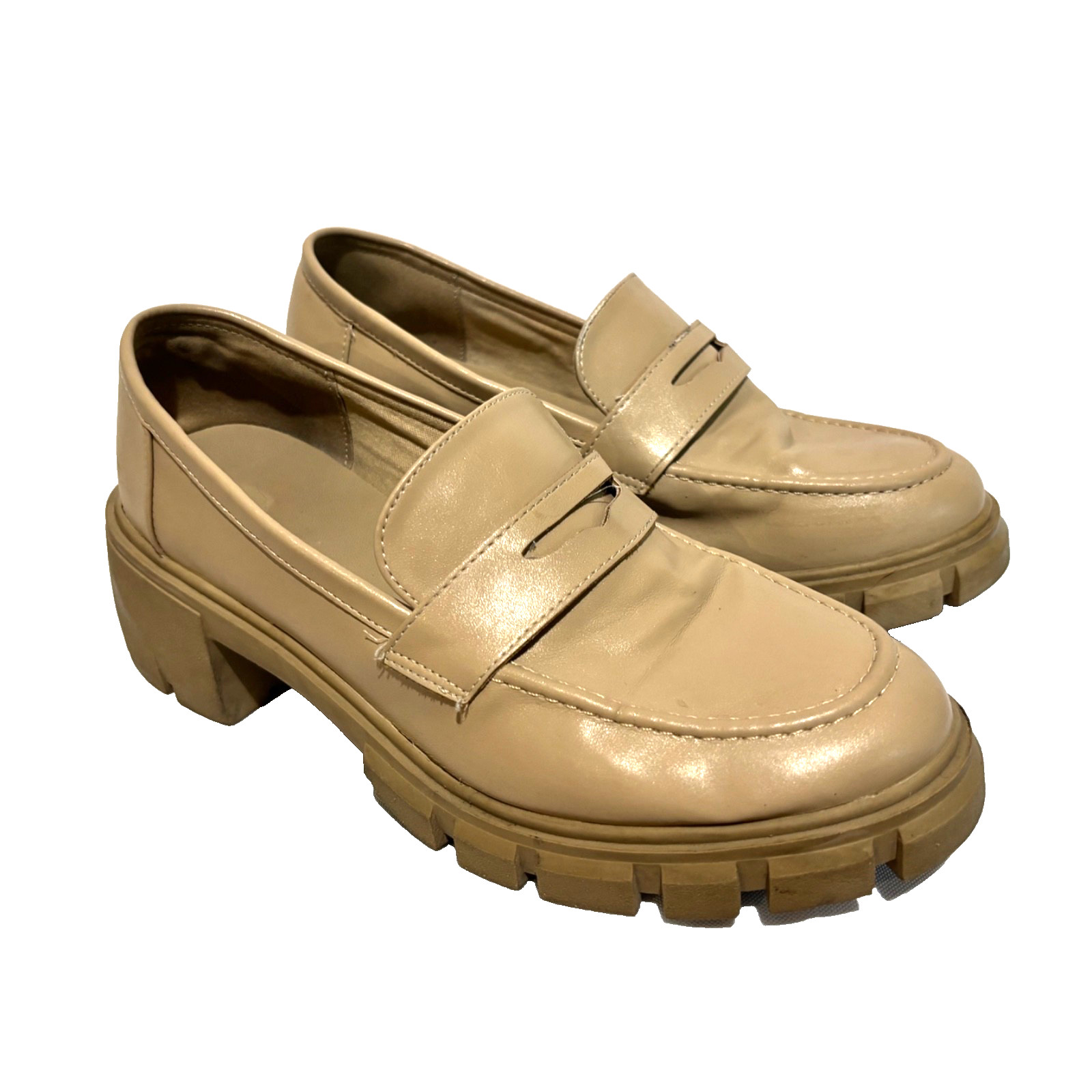 Cushionaire Women’s Platform Chunky Penny Loafers Beige sz 10 Grunge Academia