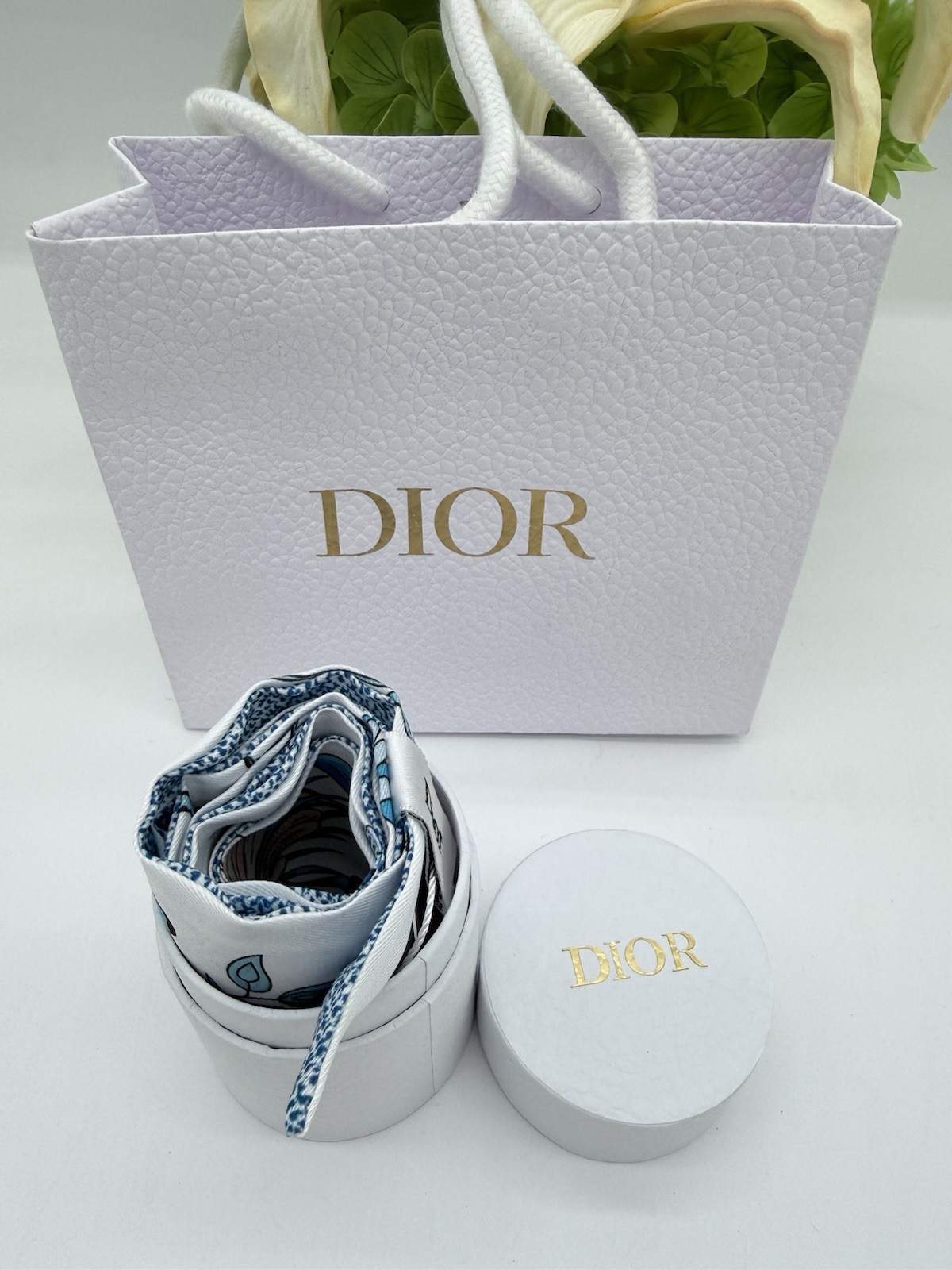 Christian Dior GWP Silk Ribbon Scarf Blue Floral Butterfly Print 41.3″ Gift Box