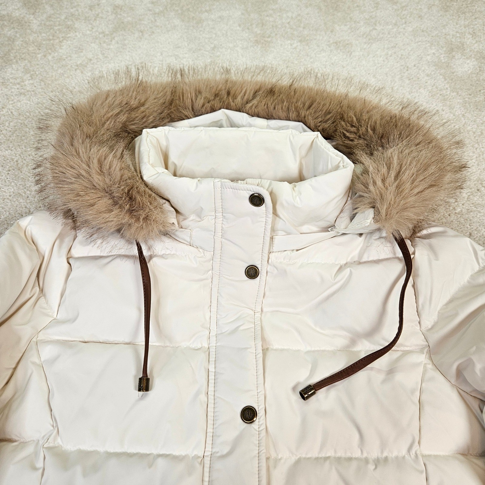 Lauren Ralph Lauren Heritage Down Feather Fill Puffer Faux Fur Trim Hood Size M