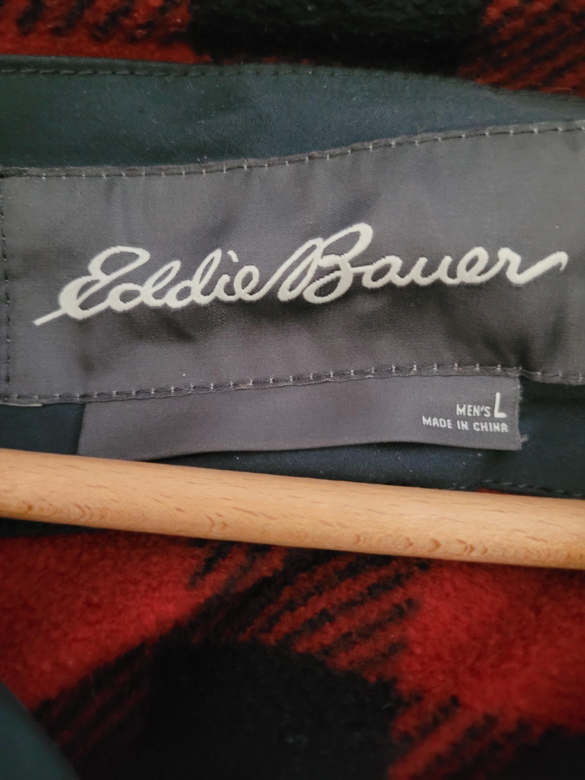LARGE Eddie Bauer Jacket Gray/blue with Red Buffalo Plaid Lining Snaps