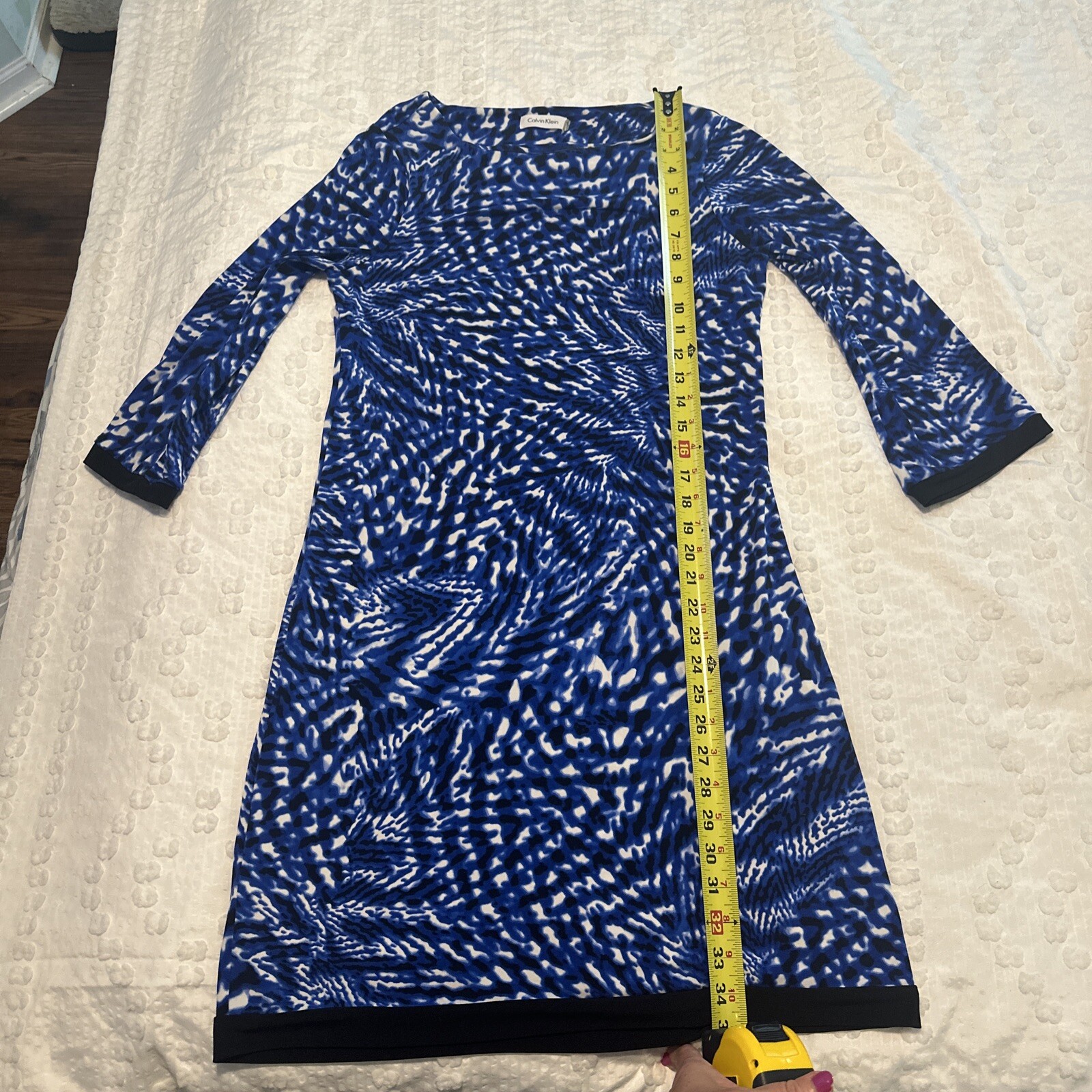 calvin klein 4 3/4 sleeve blue and white shift dress