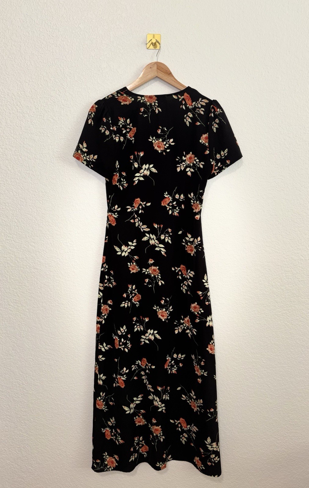 RIHOAS Black Floral Midi Dress Small Cottagecore Button Front Short Sleeve