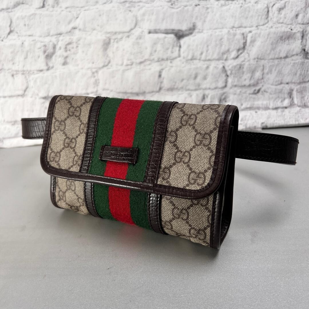 Gucci GG Supreme Web Stripe Beige Leather Shoulder Bag Authentic