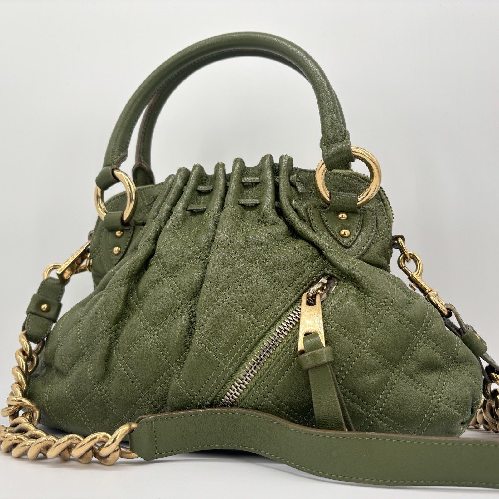 Marc Jacobs Cecilia Quilted Leather 2WAY Handbag Olive Green Chain Auth Japan