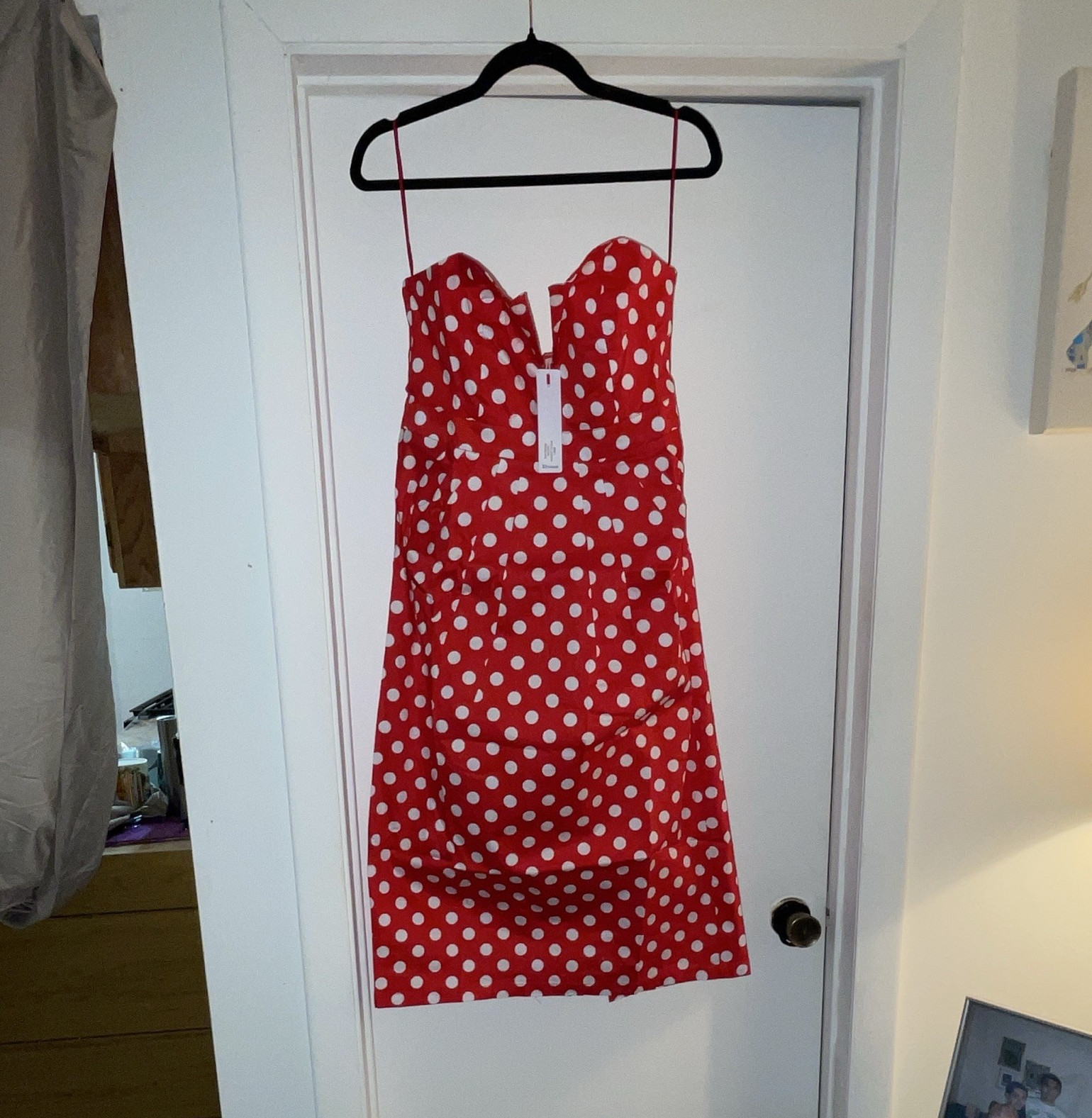 Rêveuse Women’s Polka Dot Strapless Sweetheart Bodycon Midi Dress L Red White